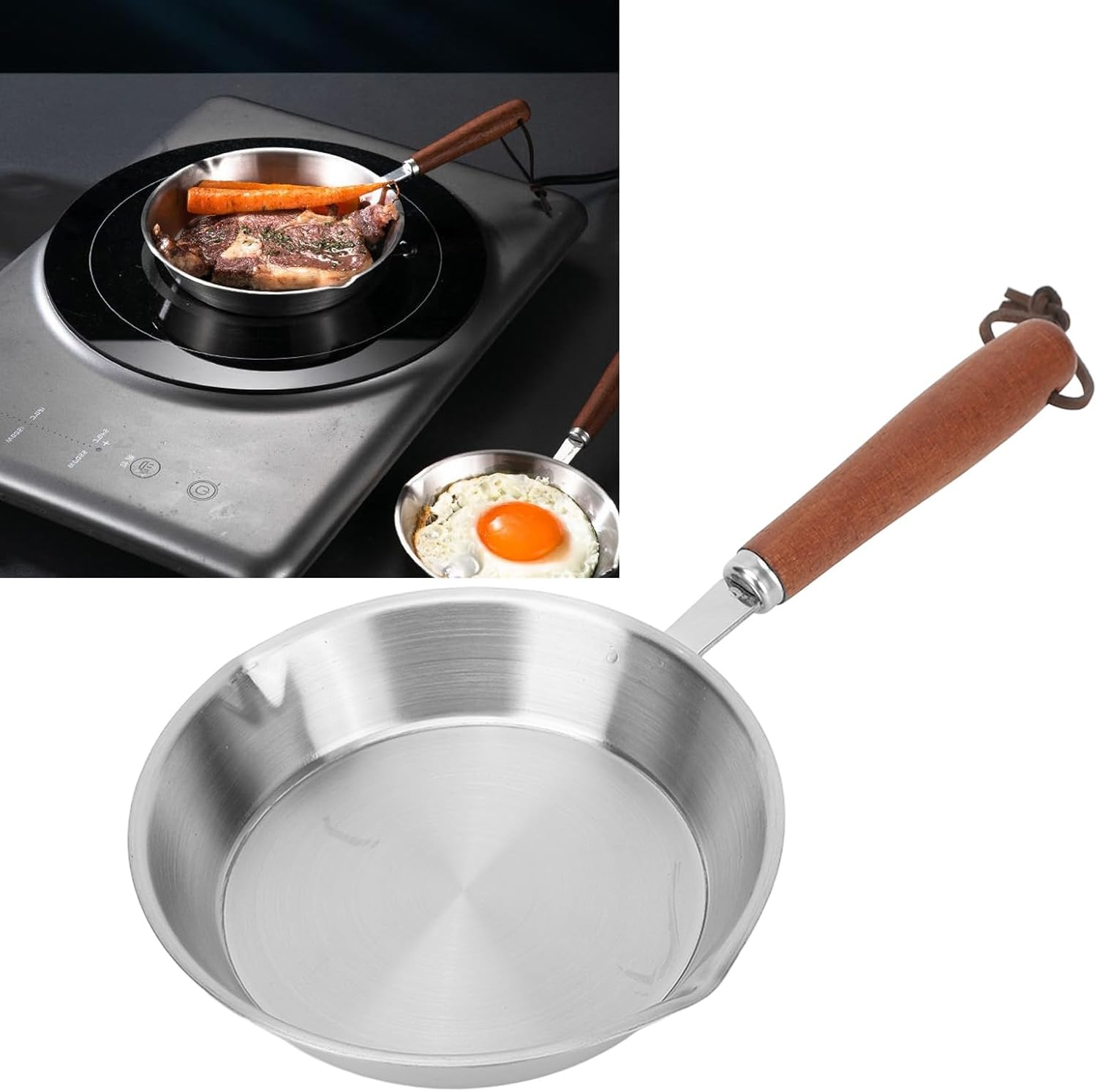 Egg Pan, Mini Nonstick Egg and Omelet Pan, Stainless Steel Small Frying Pan Skillet, Multipurpose Pan with Wooden Handle, Cookware Designed for Eggs Pancakes, Dishwasher Safe (12CM) image number 2