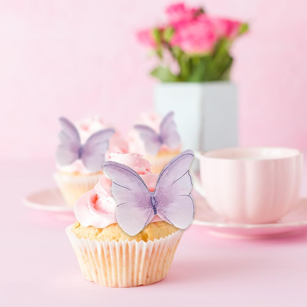 Edible Butterflies Cake Decorations,Geli 48 Pcs Purple Butterfly Cake Cupcake Toppers Wafer Paper Butterfly for Wedding Birthday Party