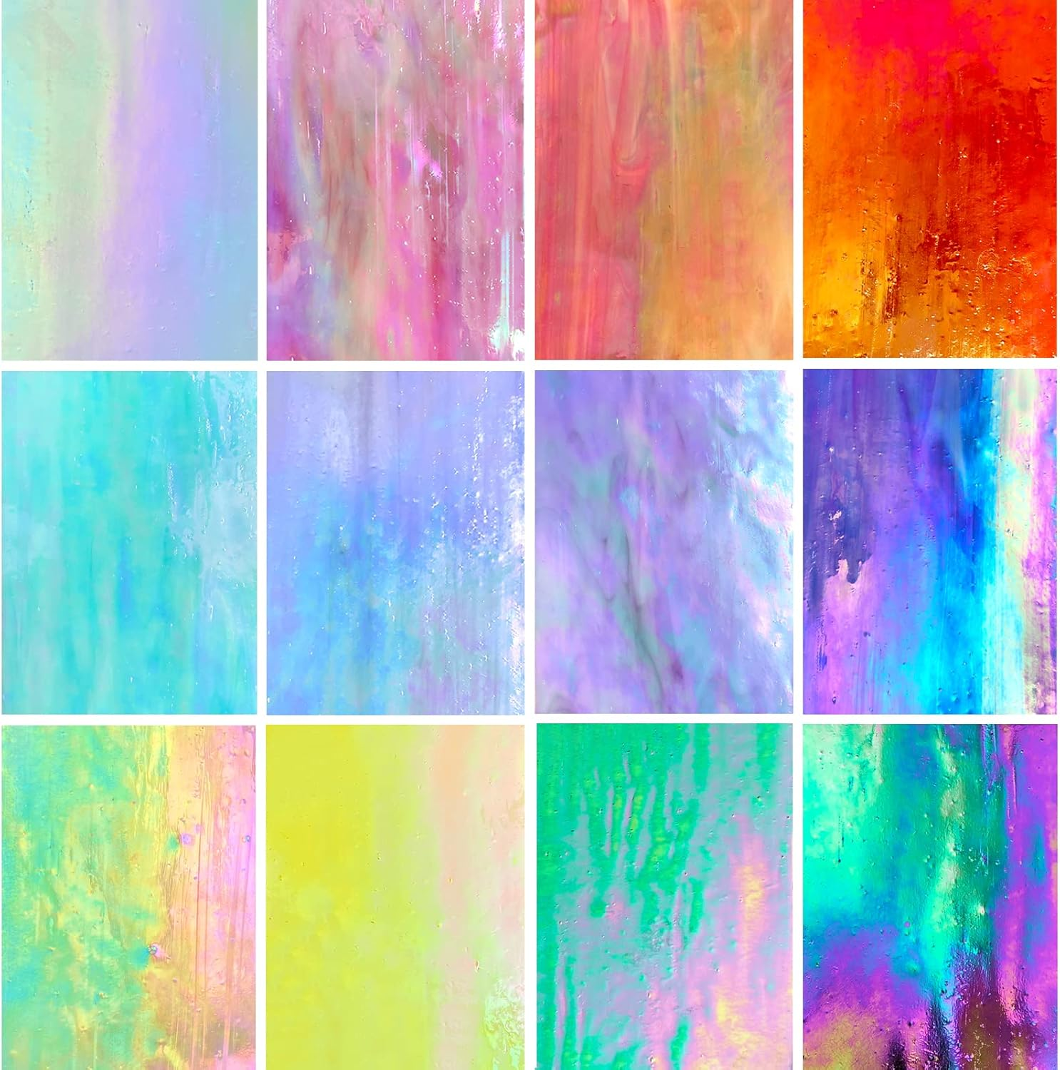LITMIND 12 Sheets Iridescent Glass Stained Glass Sheets, 4X6 Inch Glass Mosaic Tiles for Crafts, Cathedral Art Glass Pack, Assorted Colors (Iridized Opaque & Translucent Textures)
