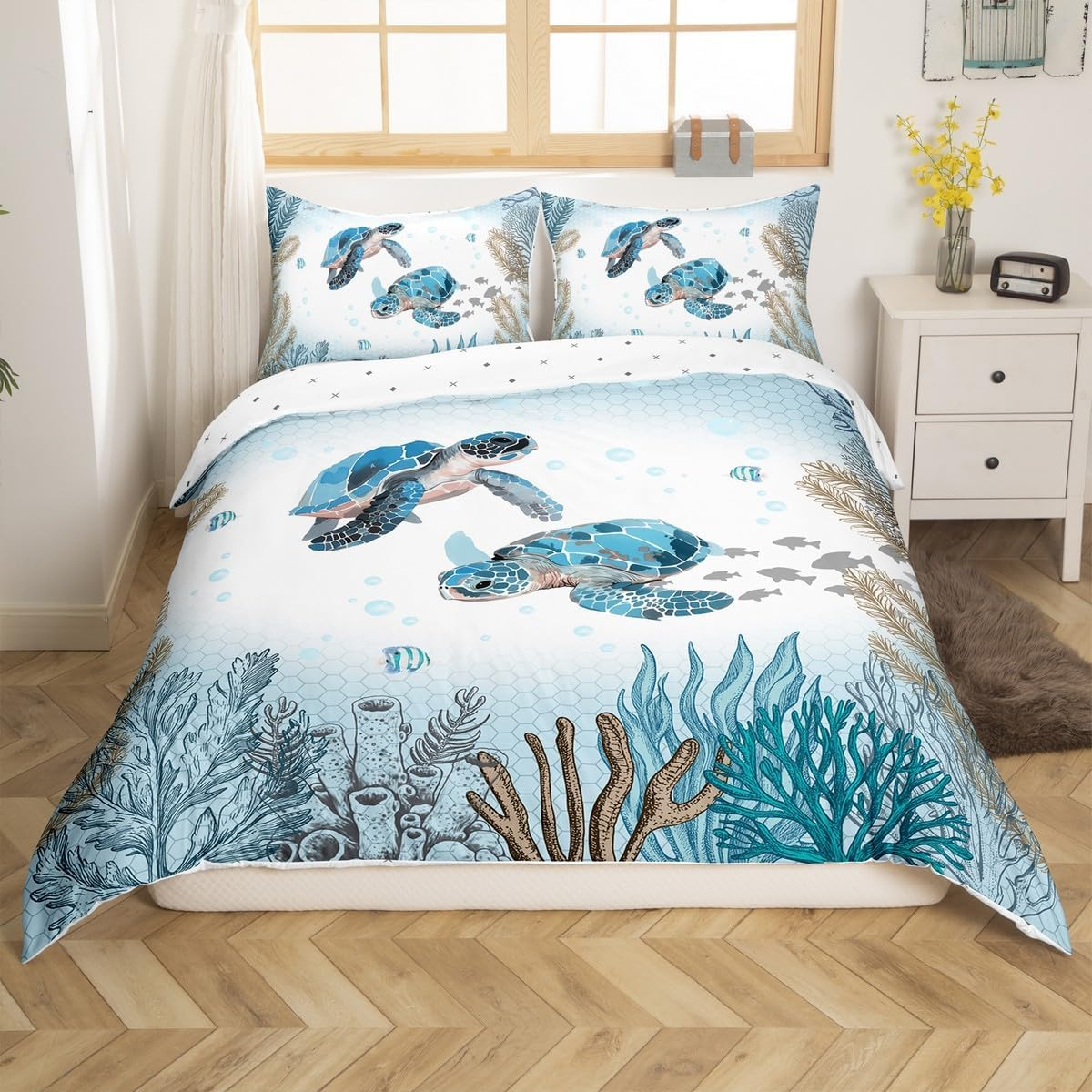 Sea Turtle Duvet Cover 135 X 200 Cm Teal Blue Ocean Coastal Bedding Set Underwater World Comforter Cover for Children Boys Girls Coral Reef Fish Bed Set Kawaii Marine Life Room Decoration image number 3