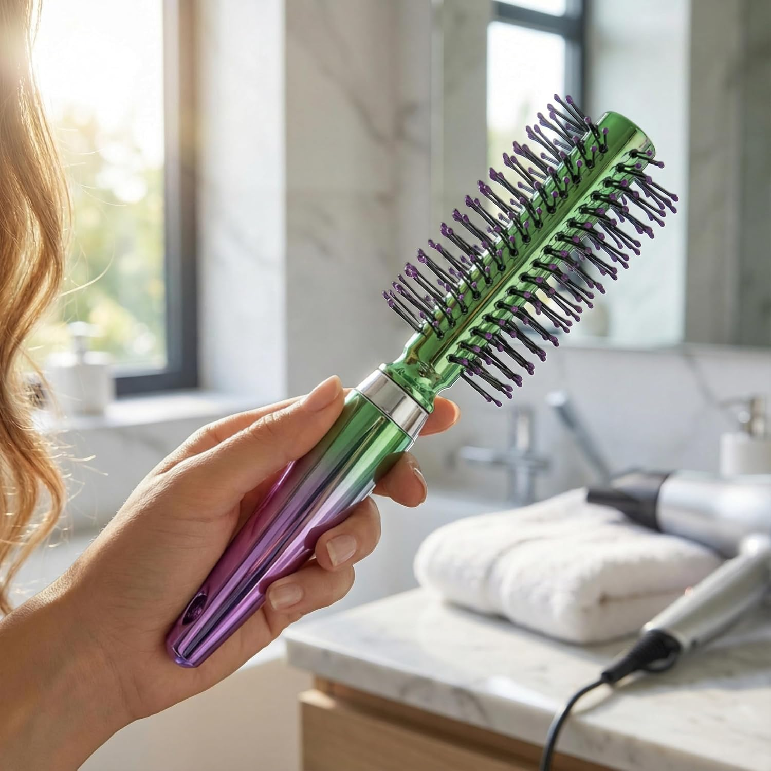 MIJOMA Nylon Bristle Hair Brush - Iridescent Metallic Finish - Ergonomic Handle - Ideal for Daily Styling & Grooming (Round Brush - 18Cm) image number 4