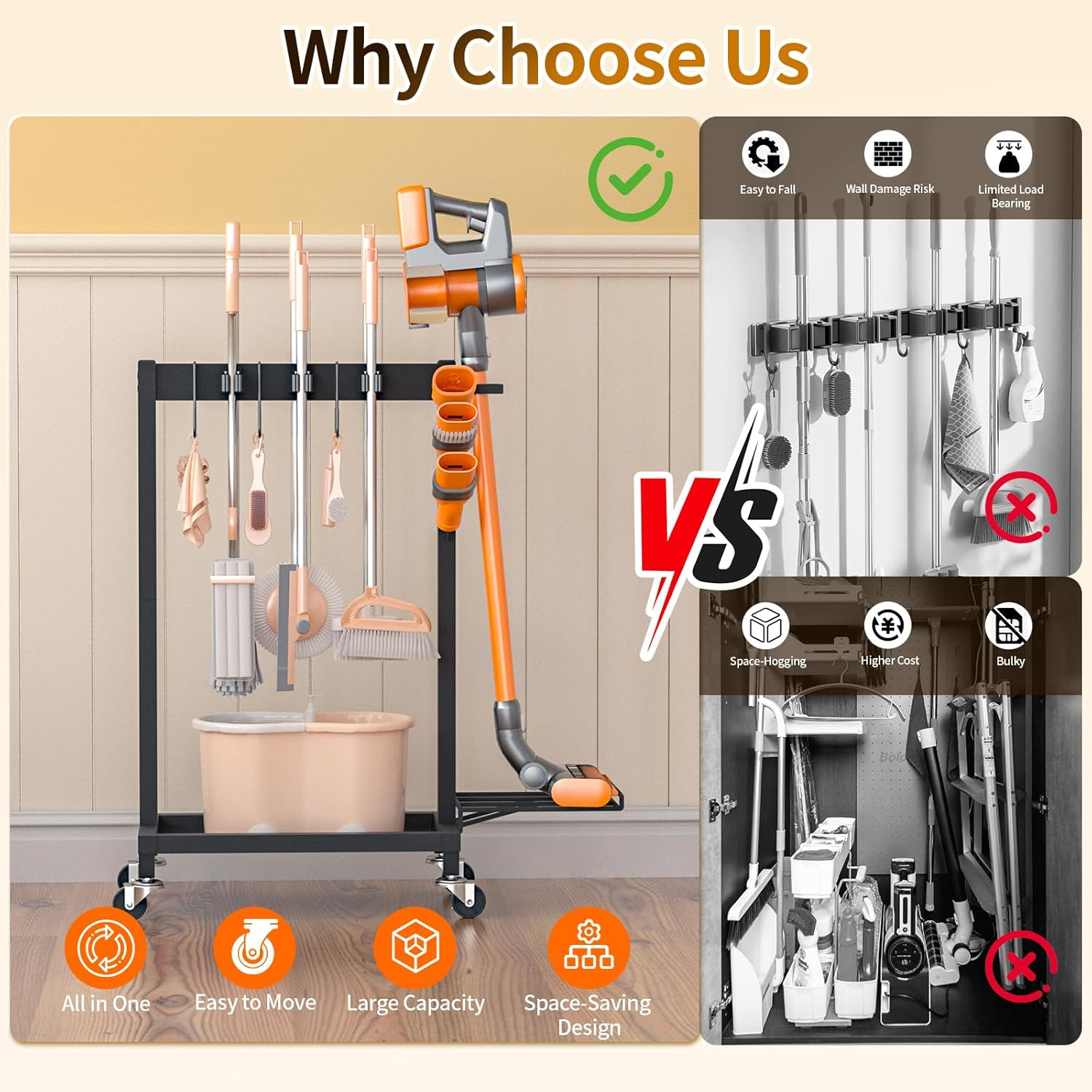 Broom Holder with Cleaning Supplies Organizer Load 160 LBS Cleaning Cart with Wheels Broom Closet Storage with 6 Mop Hanger Grippers, 3 Double-Hooks, Vacuum Stand for Laundry Garage Organization image number 6