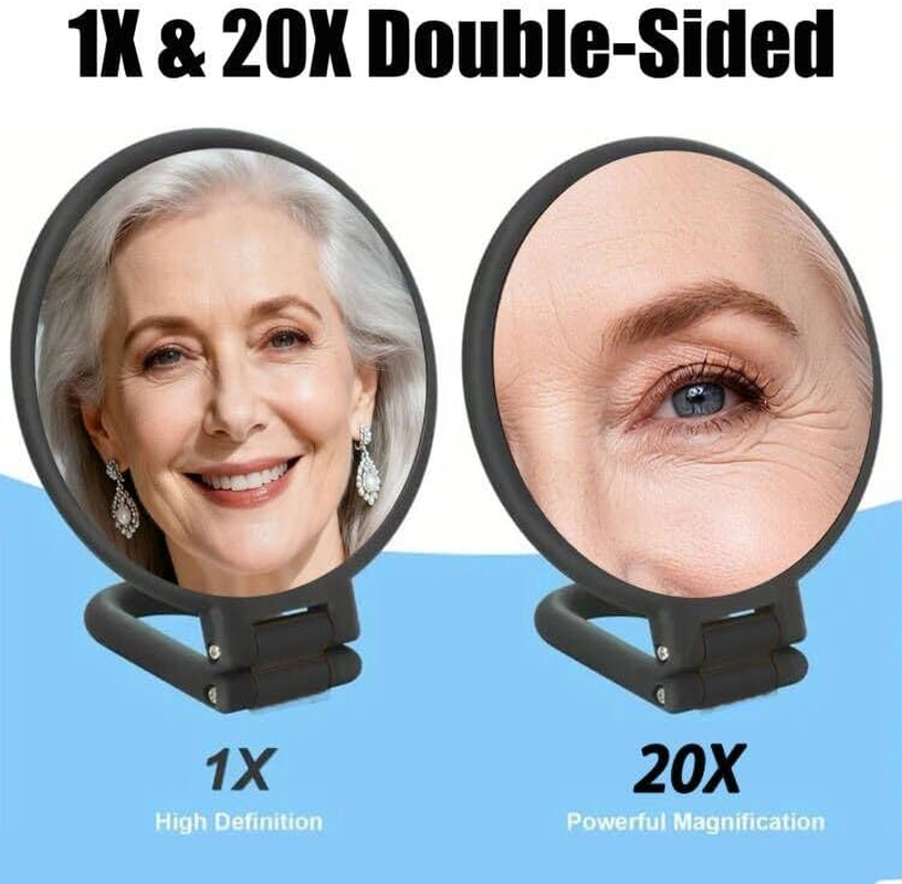 20X/1X Magnifying Mirror, Folding Mirror for Travel, Double-Sided Handheld Mirror with Handle, Foldable Cosmetic Mirror with 360&deg; Swivel, Foldable & Portable for Precise Makeup on the Go - Matt Black image number 3