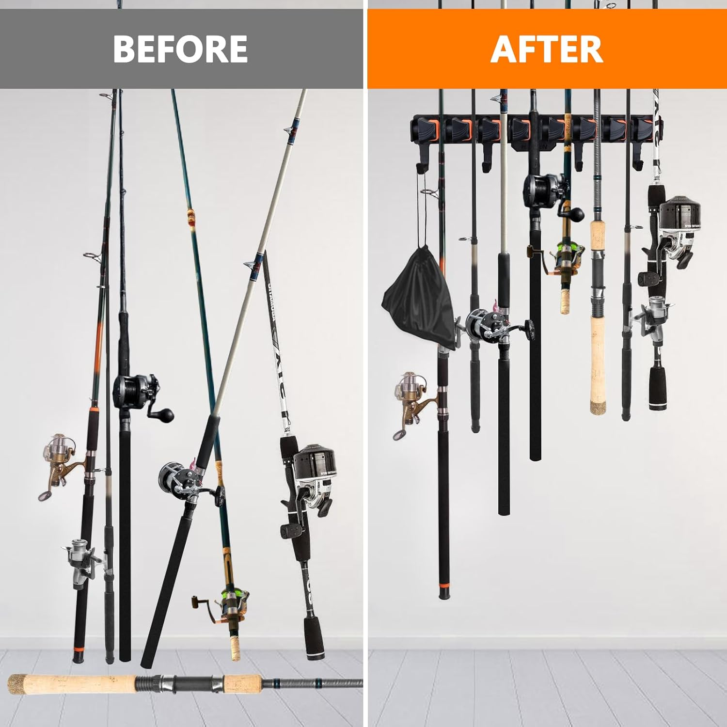 Hikeen Fishing Rod Holders, Wall Mounted Fishing Rod Rack, Fishing Pole Holder Holds up to 8 Rods or Combos, Fishing Rod Holders for Garage with 4 Hooks, Orange, 1 Pack image number 4