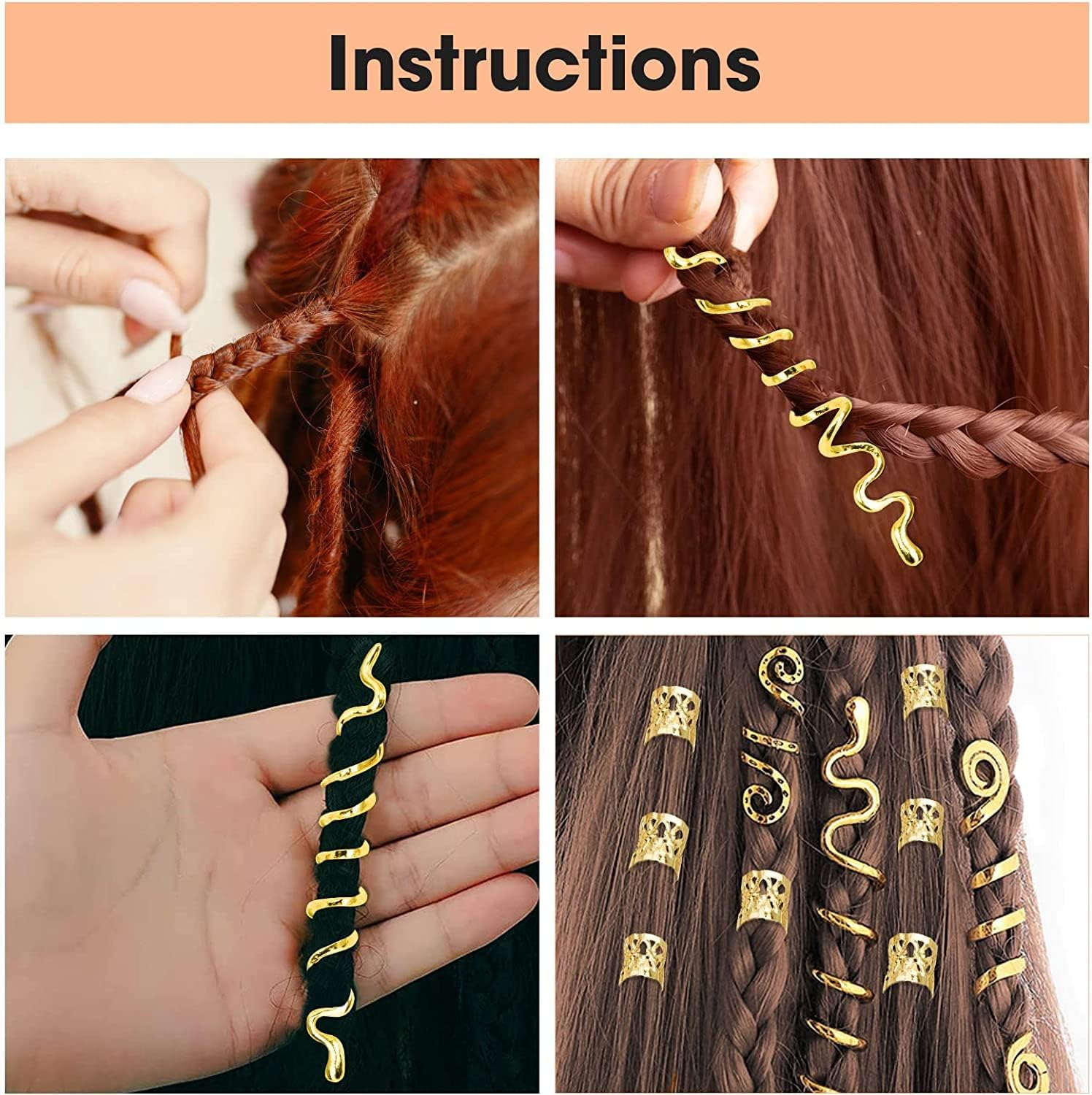 OPUHOHR Pack of 28 Braids Jewellery, Metal Gold Hair Accessories for Braids, Braids Hair Jewellery, Hair Spirals Clips Dreadlocks for Women and Men image number 1