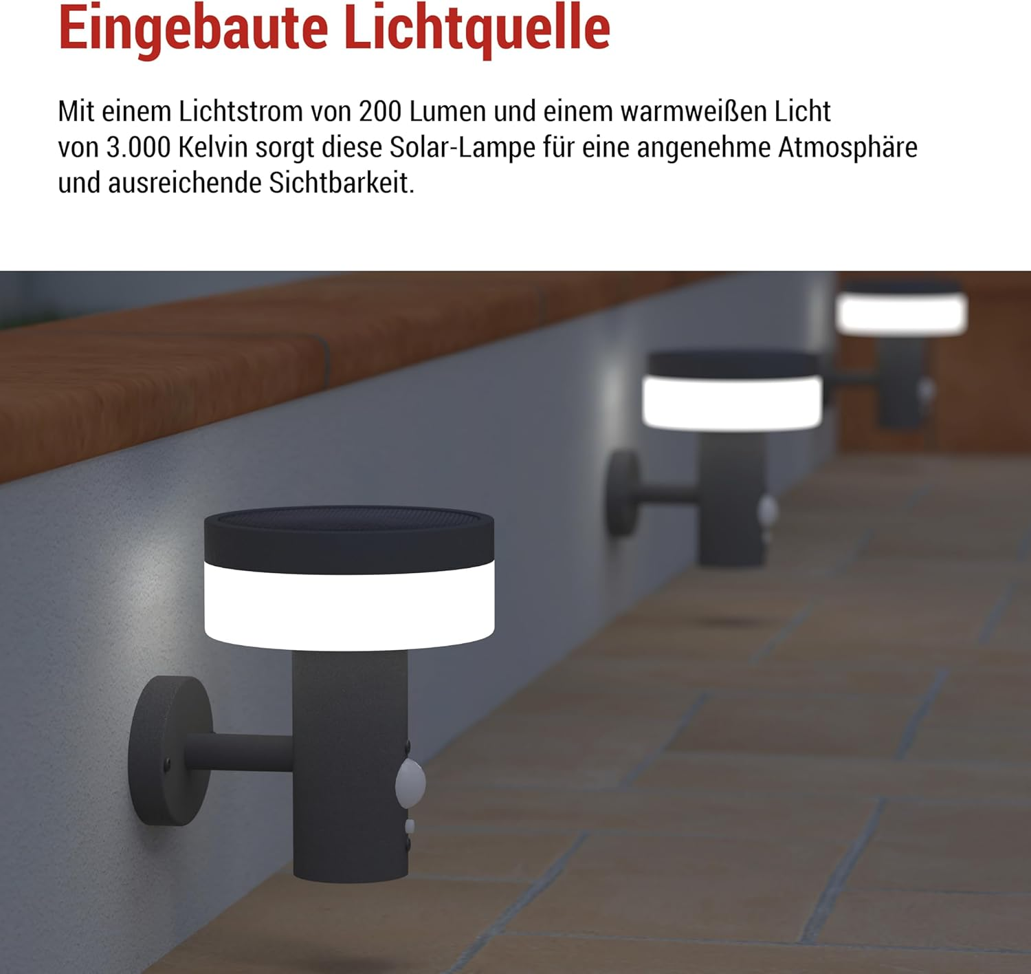 EMOS - TERION Solar LED Wall Light with Motion Sensor for Home and Garden - Waterproof Solar Garden Lighting with Sensor, Brightness 200Lm, Warm White - Stainless Steel Housing for Wall Mounting image number 4