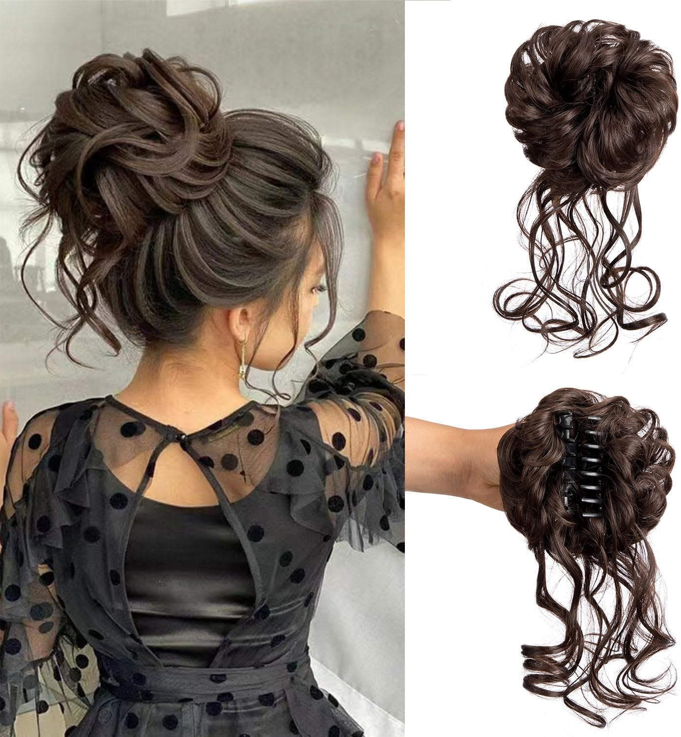 Messy Bun Hair Piece, Wavy Claw Clip Messy Bun Hair Clip, Synthetic Fake Buns Hairs Extensions, Soft Hairs Buns Hairpieces for Women Daily Wear (Dark Brown, Medium)