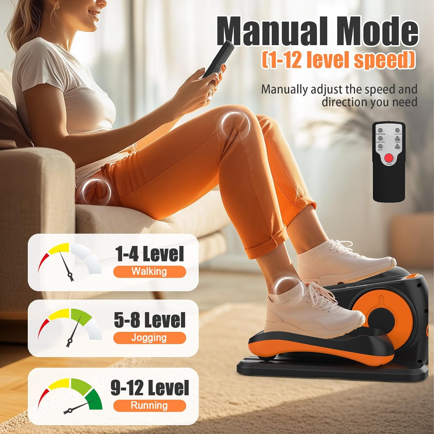 Advwin under Desk Elliptical Machine, Portable Electric Seated Pedal Exerciser for Seniors W/12 Adjustable Speed & 3 Auto Mode, Quiet Leg Exerciser Machine for Home Office with Non-Slip Pad & Display image number 5