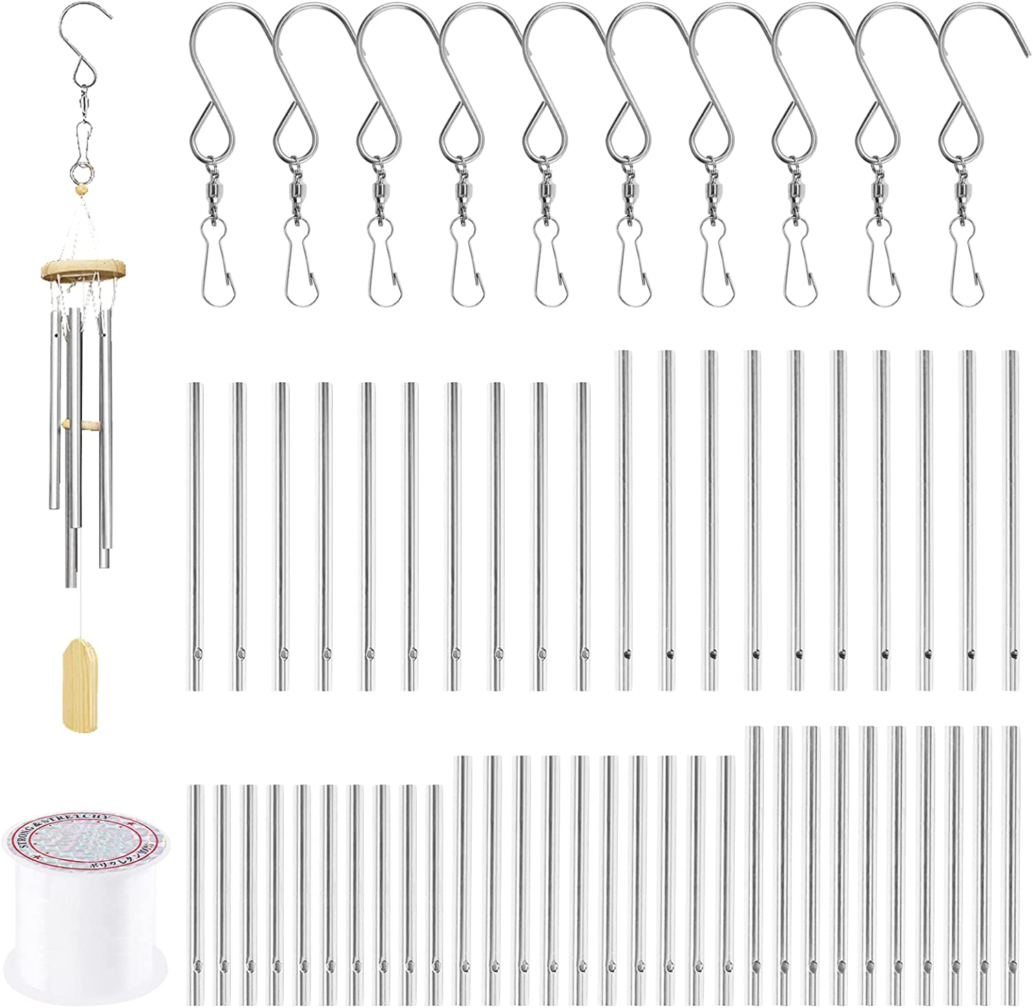 Swpeet 61Pcs Wind Chime Tubes Parts and 100 Yard Wind Chime Wire with Swivel Hooks Clips Making Kit, Wind Chime Supply Wind Chime Part Wind Chime Kit for Crafts DIY Hanging Wind Chimes Ornament