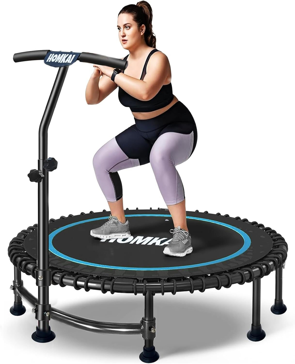 HOMKAI 48" Foldable Mini Trampoline Rebounder,Fitness Trampolines,T Shape Adjustable Foam Handle, Stable & Quiet Exercise Rebounder for Kids Adults Indoor Outdoor Workout, Blue image number 4