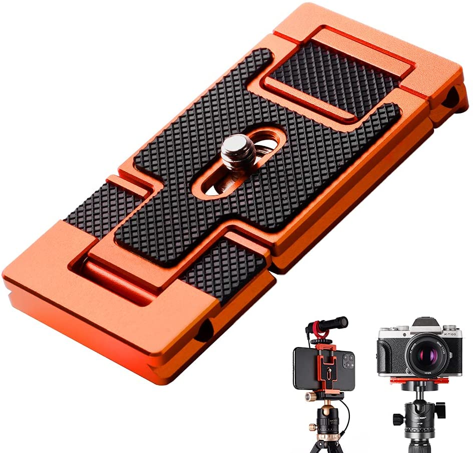 K&F Concept Smartphone Tripod Mount, Aluminum Alloy Lightweight Quick Release Plate with 1/4" Screw and Rubber Grip for Camera, Mobile Phone (Orange)