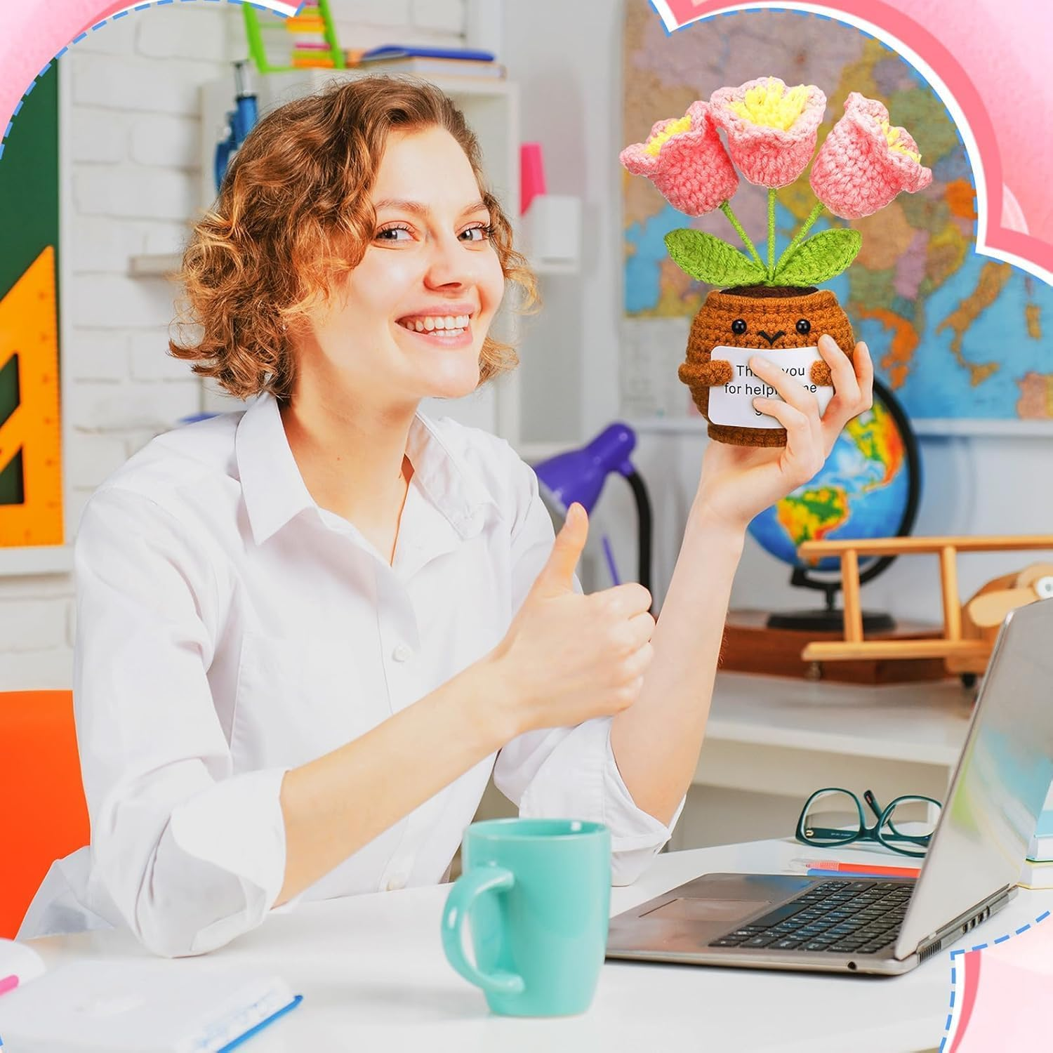 3 Pcs Teacher Appreciation Gifts, Crochet Doll with Card Thank You for Helping Me Grow Teacher Thank You for Birthday Home Office Decor(Bell Orchid) image number 4