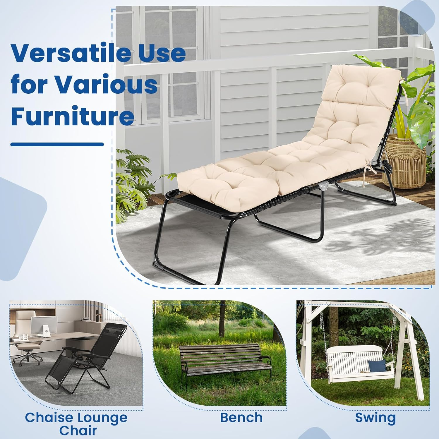 Costway Sunlounger Chair Cushion, High Back Recliner Cushion with 4 Fixing Ties, Thick Padded Reclining Chair Rocking Cushion for Outdoor Indoor (Only Cushion) (1, Beige, 186 X 56 X 11 Cm) image number 4