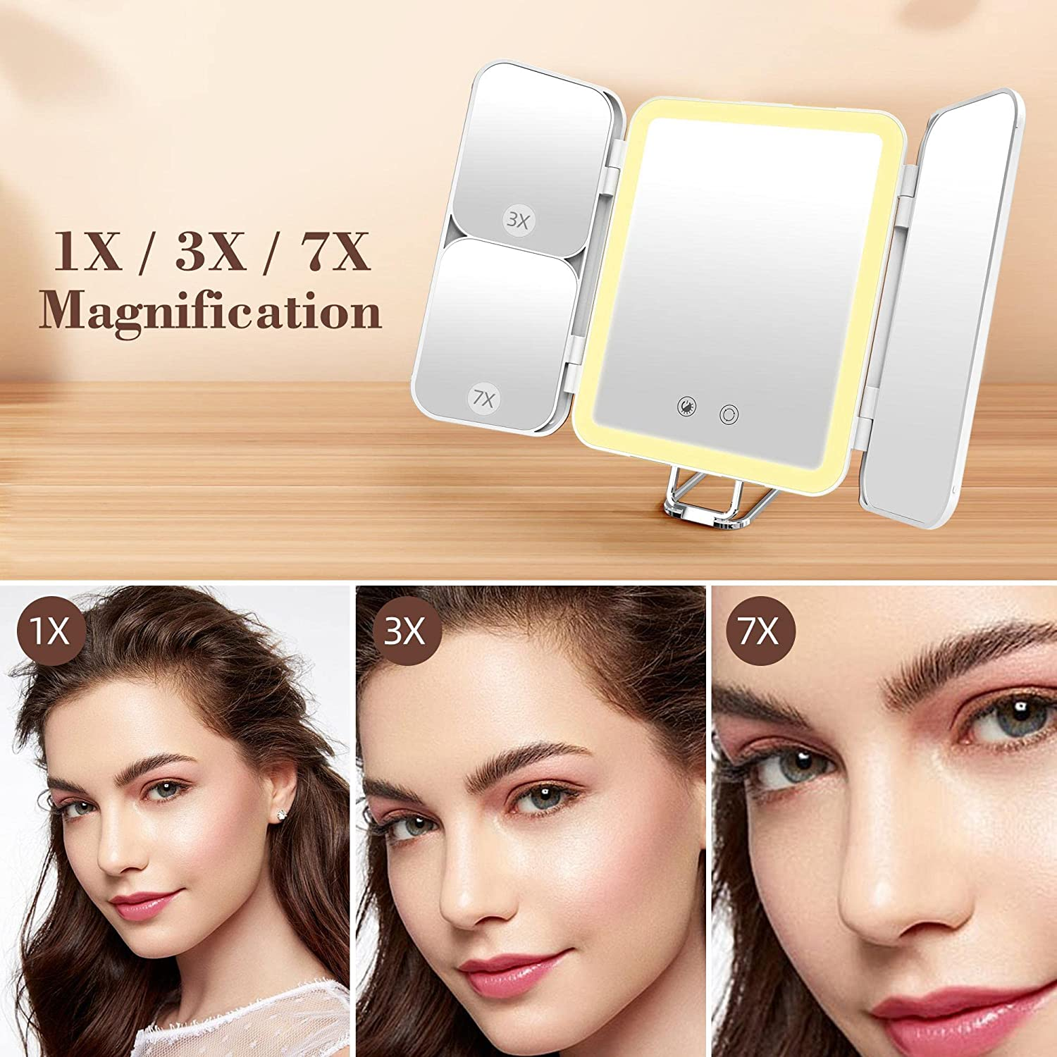 Sejoy Travel Lighted Makeup Mirror, 1X/3X/7X Magnifying Mirror with Lights, 3-Color Light Trifold Vanity Mirror, Adjustable Brightness, Rechargeable, for Tabletop, Bathroom, White image number 6