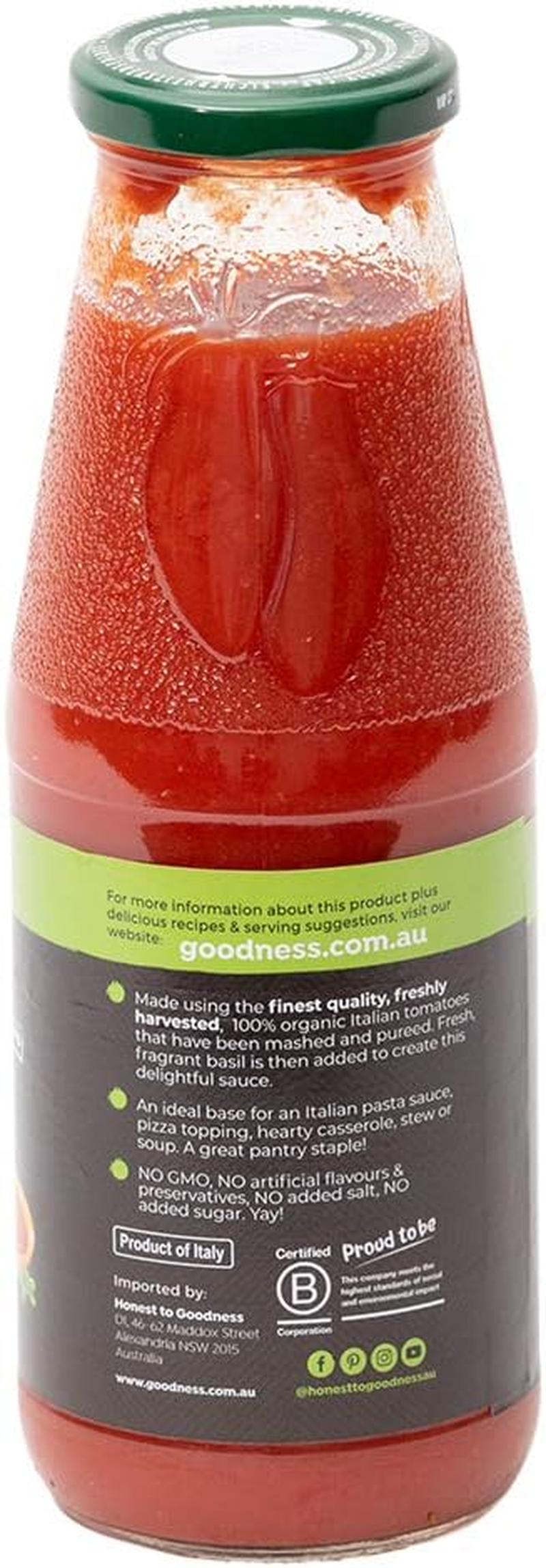 Honest to Goodness, Organic Tomato Puree with Basil, 690 Grams - Crafted from the Finest, Freshly Harvested, 100% Organic Ripe Italian Tomatoes with the Aromatic Touch of Organic Basil.