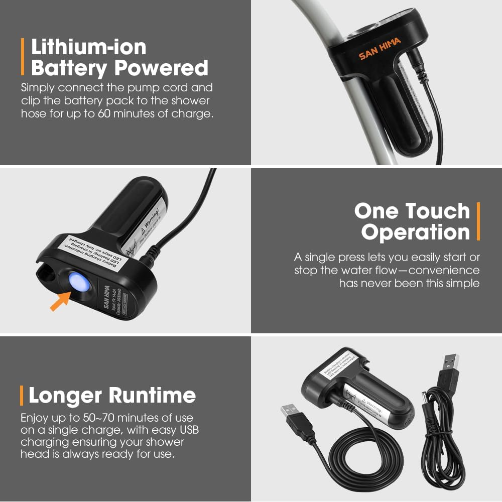 San Hima Portable Camping Shower with Rechargeable Lithium Battery with Two Changeable Showerhead, 2.5-3.5L/Min Lightweight Easy Operation Shower with Pump & Mesh Filter for Outdoor Camping image number 6