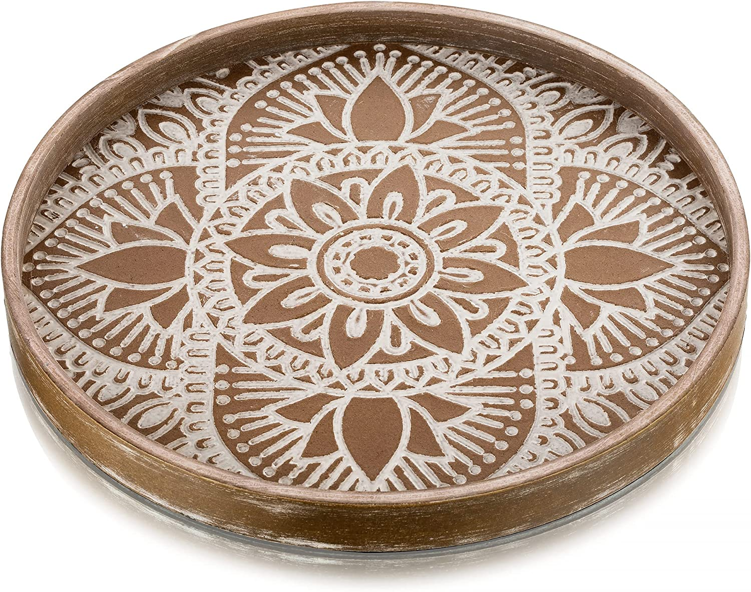 Hanobe round Wood Decorative Tray: Rustic Coffee Table Tray Farmhouse Tray Decor White Washed Centerpiece Wooden Serving Trays Rounded Tray for Kitchen Counter Boho Ottoman Tray for Home