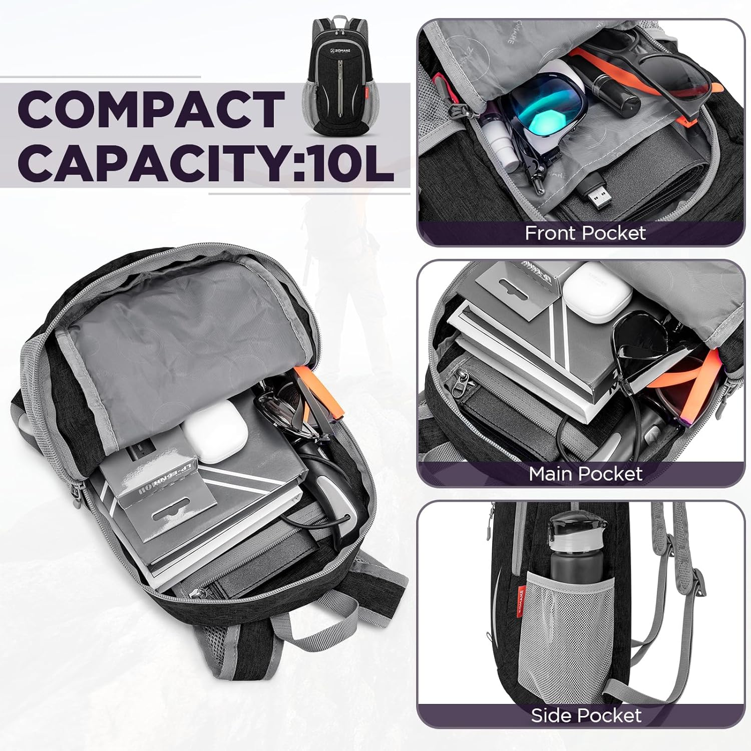 ZOMAKE Lightweight Folding Backpack - 10L Foldable Packs Small Travel Daypack for Hiking Camping Outdoor image number 3