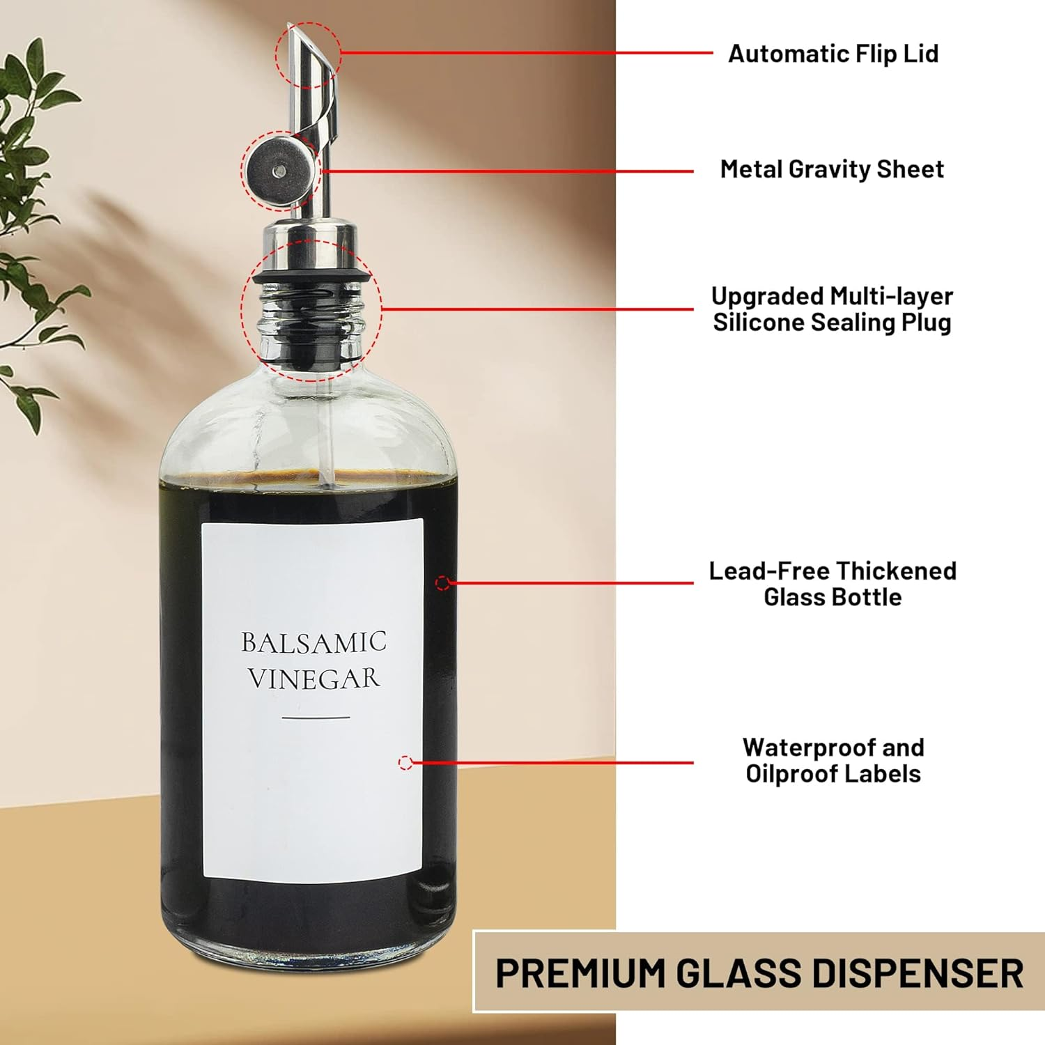 3PCS Oil Dispensers with Labels 480Ml Kitchen Cooking Glass Bottles Containers with 304 Stainless Steel Automatic Pump Heads Anti-Corrosion & Rustproof image number 4