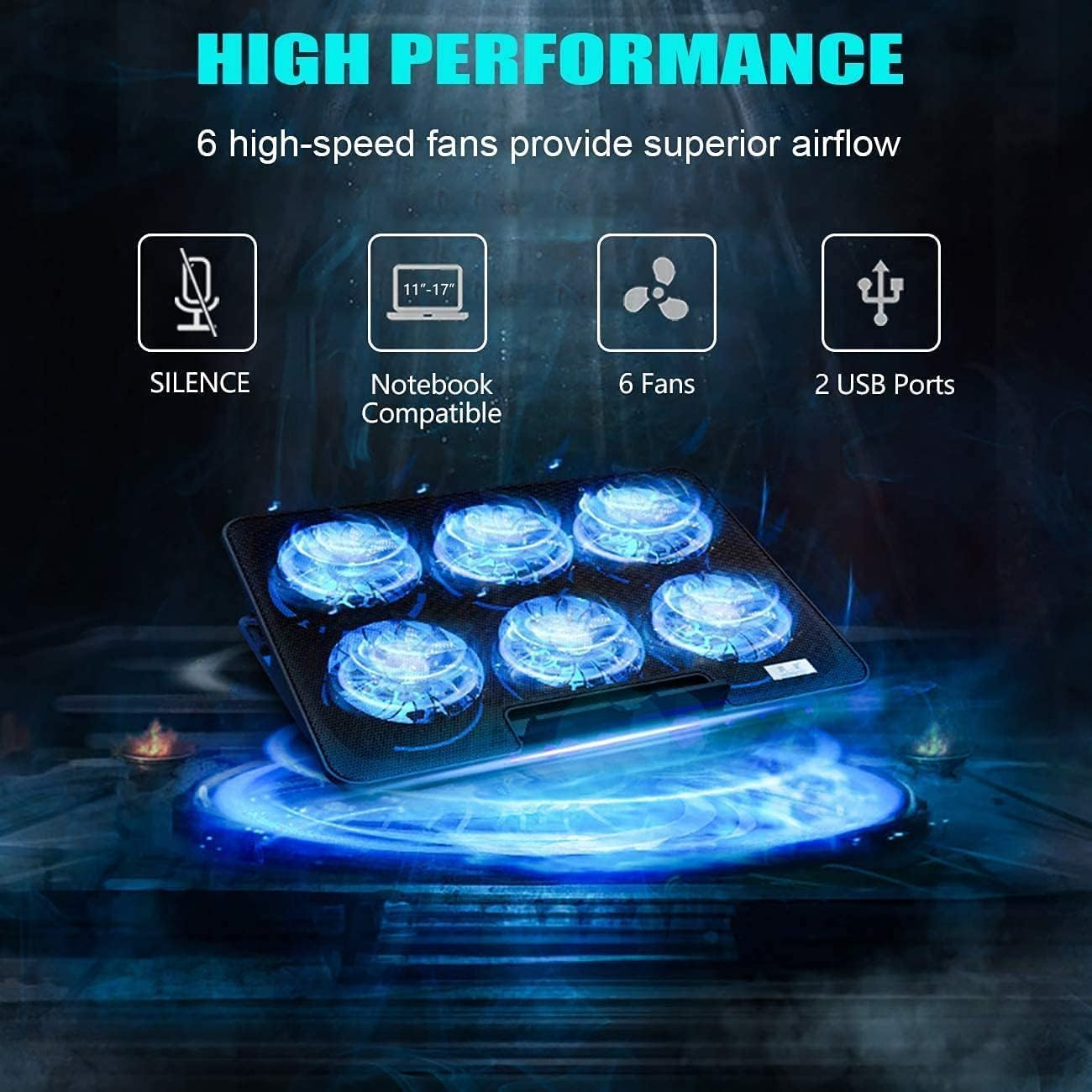 Portable Computer Stand， 6 Quiet Cooling Fans and 6 Height Adjustable Dual USB Powered Gaming Laptop Cooling Stand for 12-17 Inch Laptop image number 1