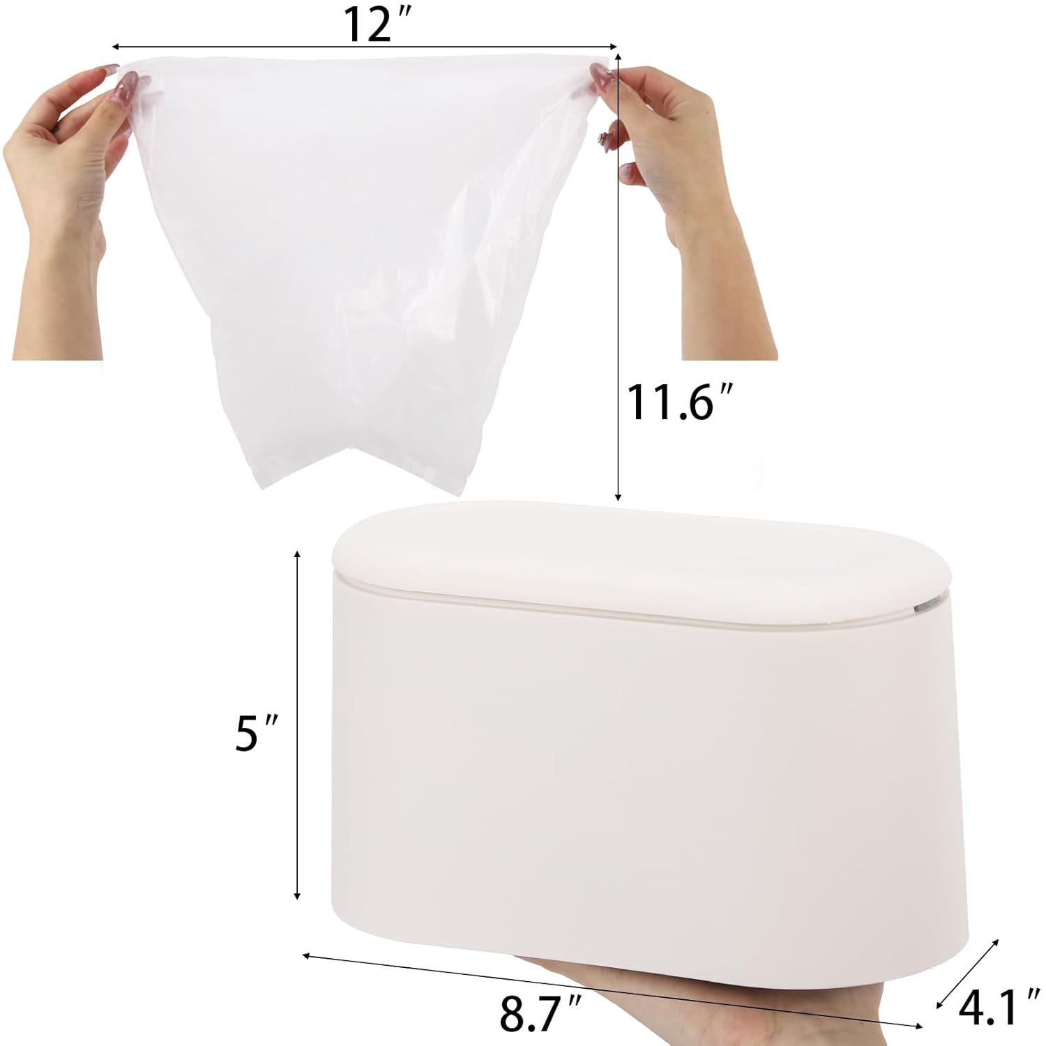 BTYMS Small Rubbish Bin with Lid and Bin Bags, 22 X 11 X 13 Cm, Removable Compact Waste Bin Pop-Up Countertop Garbage Can for Bathroom, Office, Kitchen, Desk (White) image number 1