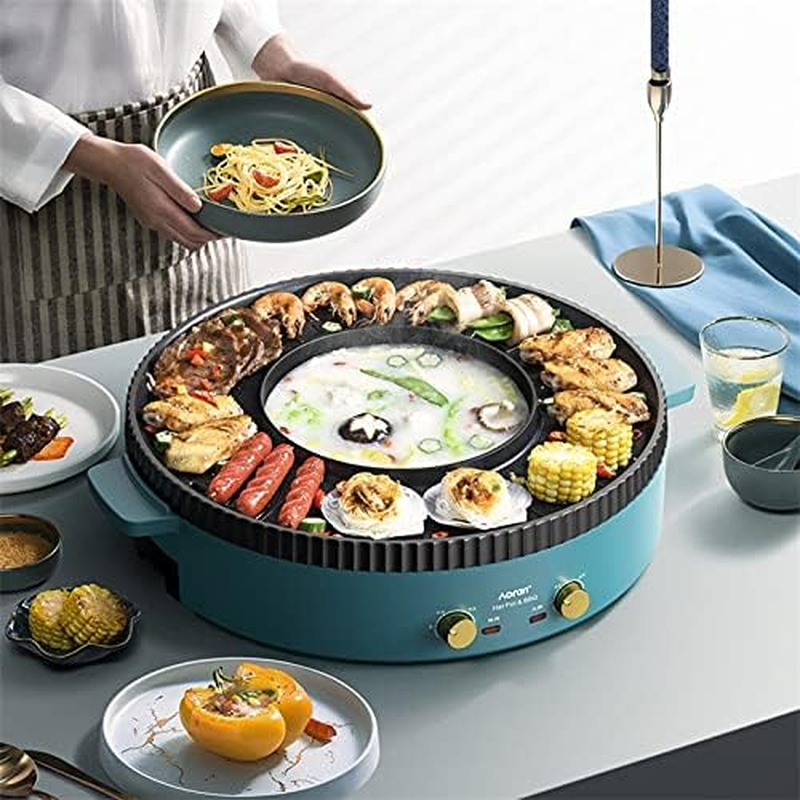 Electric Barbecue Hotpot 2 In1 BBQ Grill Non-Stick Barbecue Pan Smokeless Hot Pot Machine BBQ (AU Plug) (Green) - White image number 5