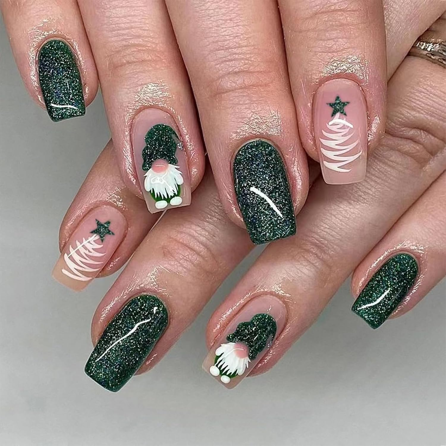 24PCS Christmas Press on Nails,Cute Xmas Short Fake Nails with Shinny Glitter,Green Fingernails with Christmas Elements Design,Unique Square Glossy Full Cover False Nails for Women or Girls image number 5