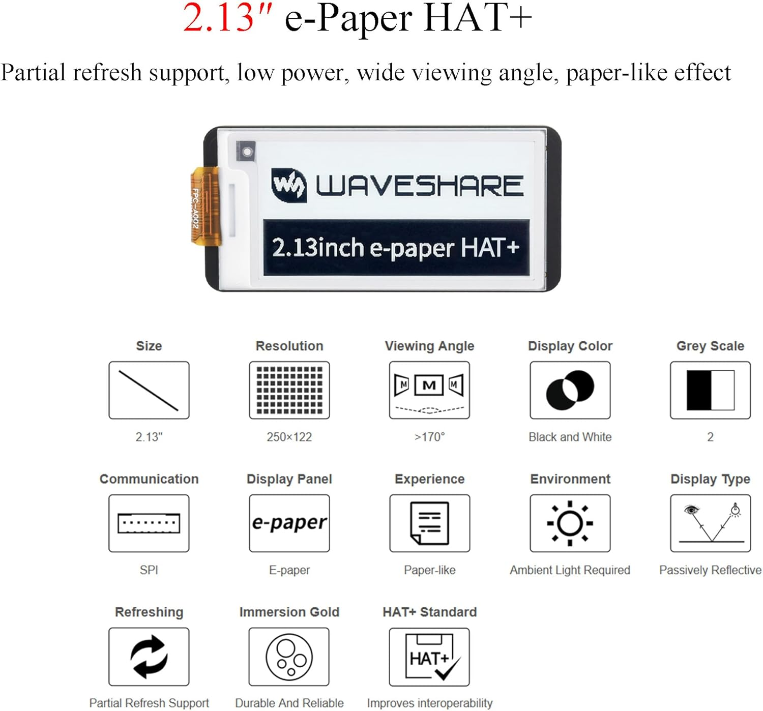 2.13Inch E-Paper HAT+ for Raspberry Pi 5/ 4B/3B+/3B/2B/A+/Zero W/Wh/Zero 2 W/Jetson Nano, E-Ink Display HAT+ Standard 250X122 Pixel SPI Interface with Pwnagotchi Tutorial Support Partial Refresh image number 5