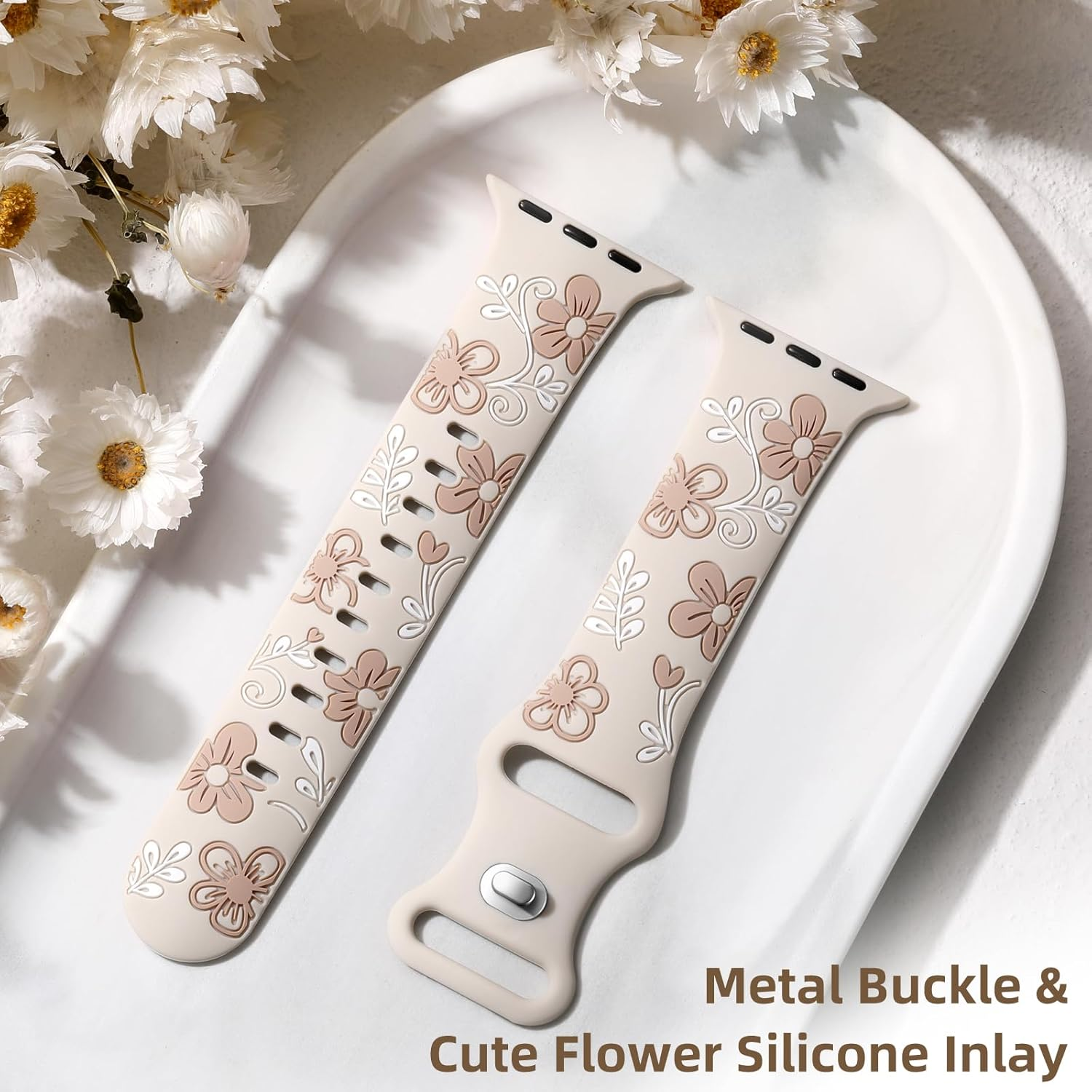 Witzon Floral Band Compatible with Apple Watch Bands for Women 41Mm 40Mm 38Mm 42Mm 44Mm 45Mm 46Mm 49Mm, Engraved Cute Flower Soft Silicone Inlay Strap for Iwatch Series 11 10 9 8 7 6 5 4 SE Ultra 3 2 image number 1