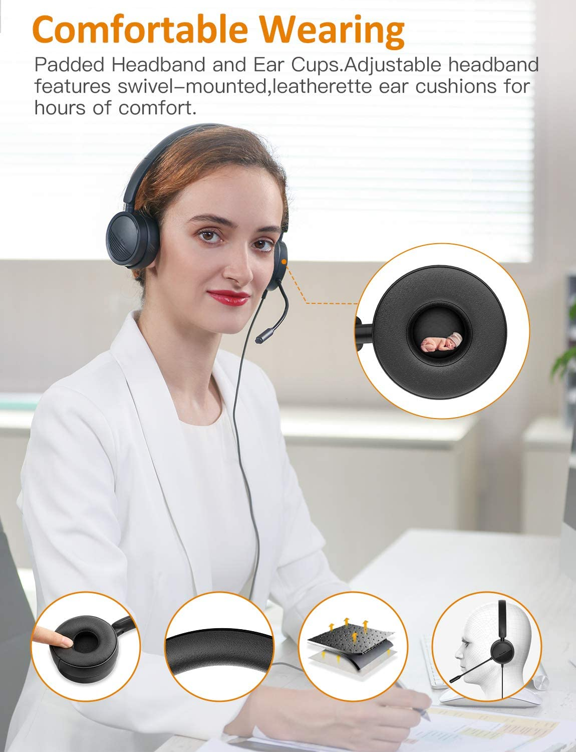 USB Headset New Bee Computer Headset In-Line Call Controls Office Headset with Noise Cancelling Micphone Call Center Headset for Skype, Zoom, Laptop, Phone, PC, Tablet, Home image number 6