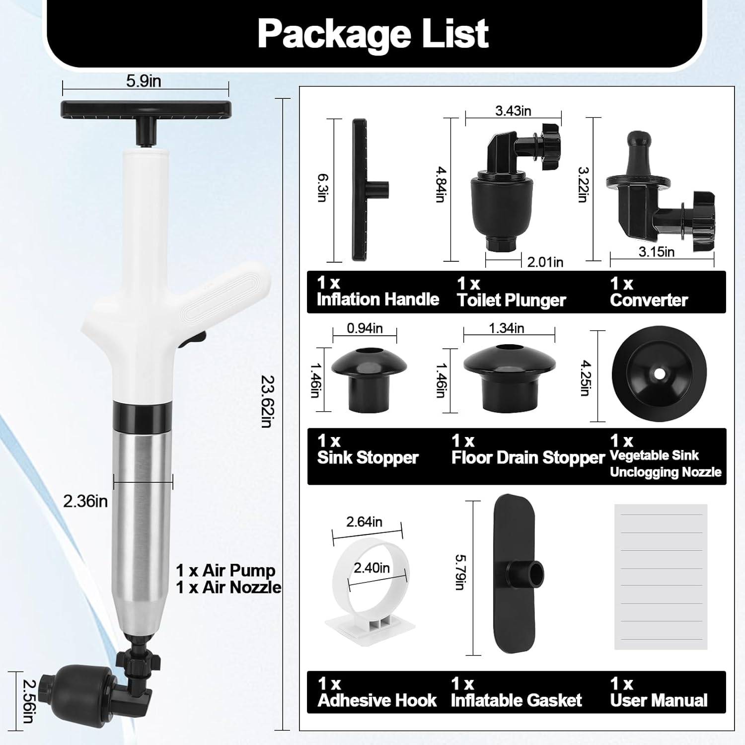 MEKOTRIN High Pressure Toilet Plunger Drain Clog Remover Sink Plunger Plumbing Tools for Bathroom Sink Floor Kitchen Clogged Stainless Steel (White) image number 6