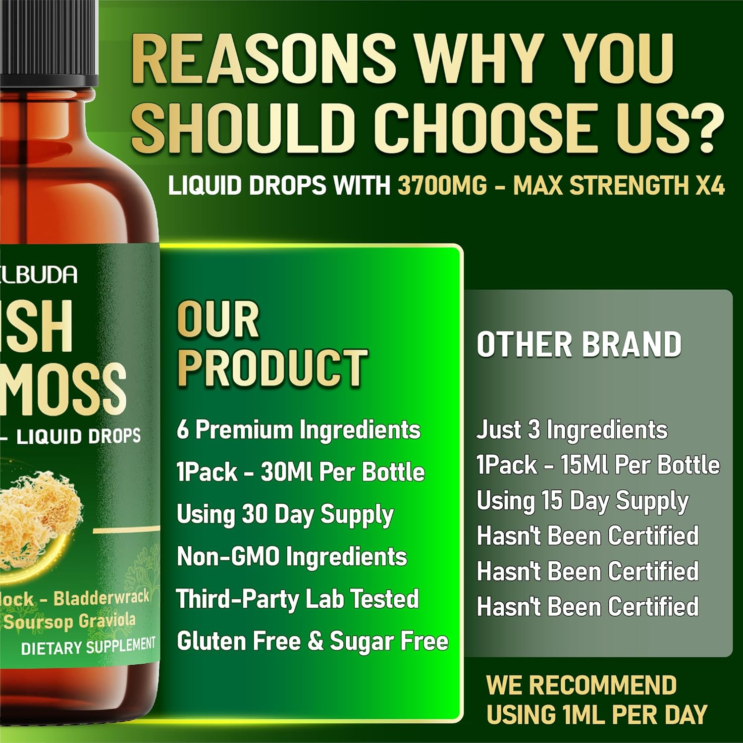 6In1 Sea Moss Liquid Supplement Combine Irish Sea Moss, Black Cumin, Burdock Root, Bladderwrack, Ashwagandha and Soursop Leaves to Support Skin & Hair Health - 1 FL Oz - 30 Servings image number 3