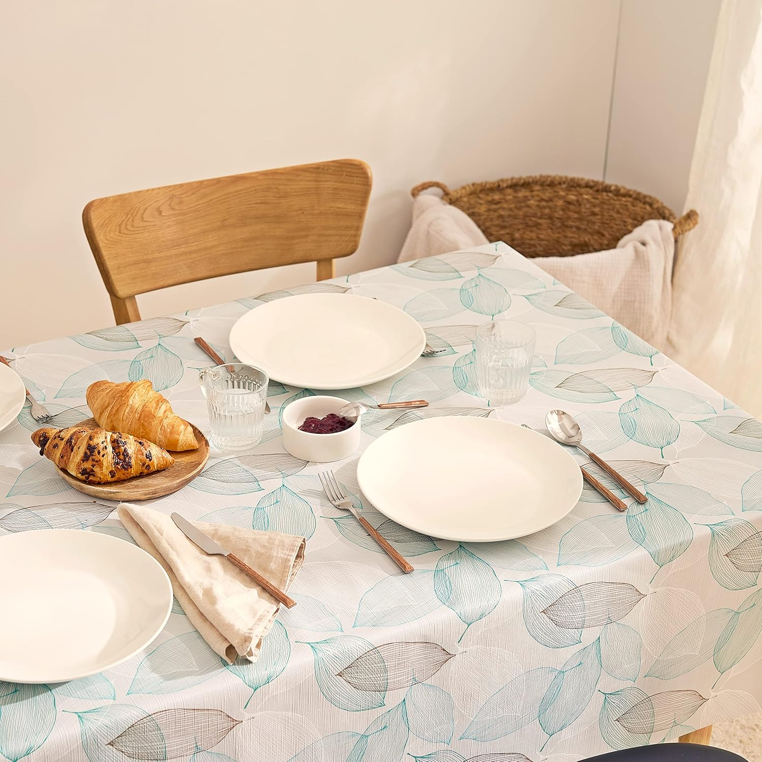 KP HOME Modern PVC Table Cloth Wipe Clean Tablecloth Grey and Teal Leaves Pattern Plastic Table Cover - Wipeable Table Cloth Rectangle PVC Table Cloth 200 X 140 Cm Botanic Leaf Design Ocean Blue image number 4