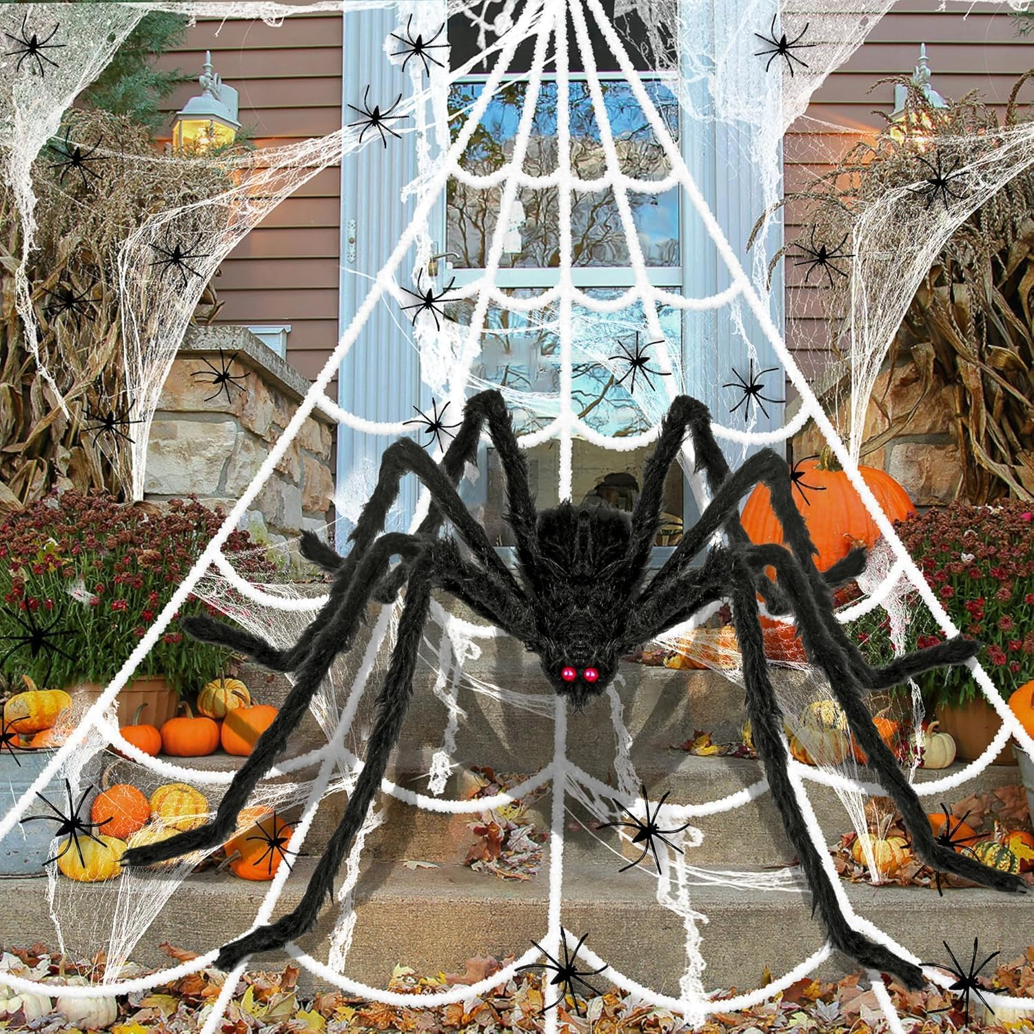 Halloween Spider Web Decorations Outdoor, 7 * 5.5M Triangular Spider Web 1.5M Giant Spiders, 20Pcs Small Spiders and Cotton for Indoor outside Halloween Decor Party Yard Lawn Home Garden Haunted House image number 1