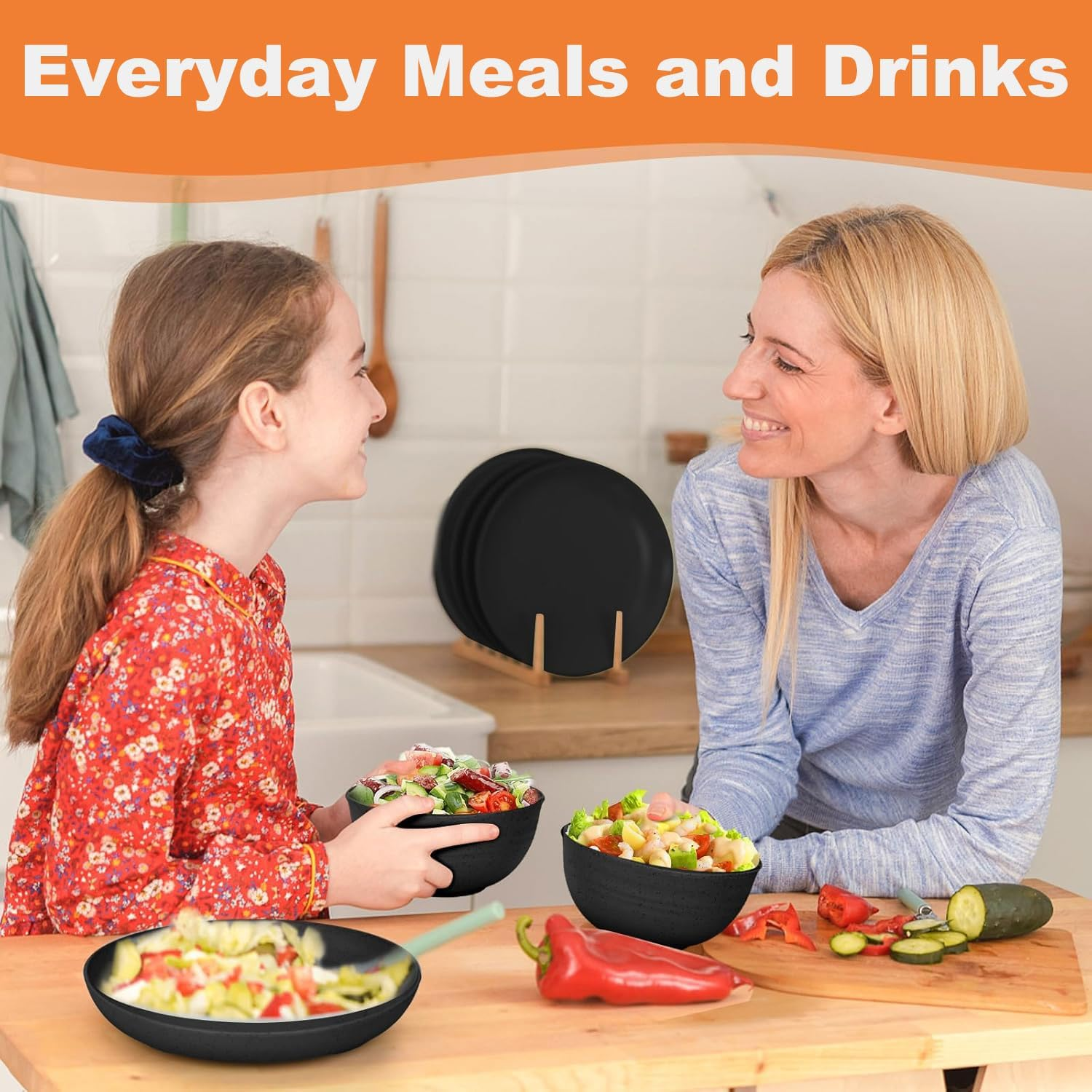 16PCS Wheat Straw Dinnerware Sets, Camping Utensils Reusable Tableware Set BPA Free, Unbreakable Plates, Bowls, Cups, for Kitchen Outdoor Camping Party Home,Microwave Dishwasher Safe-Black image number 3