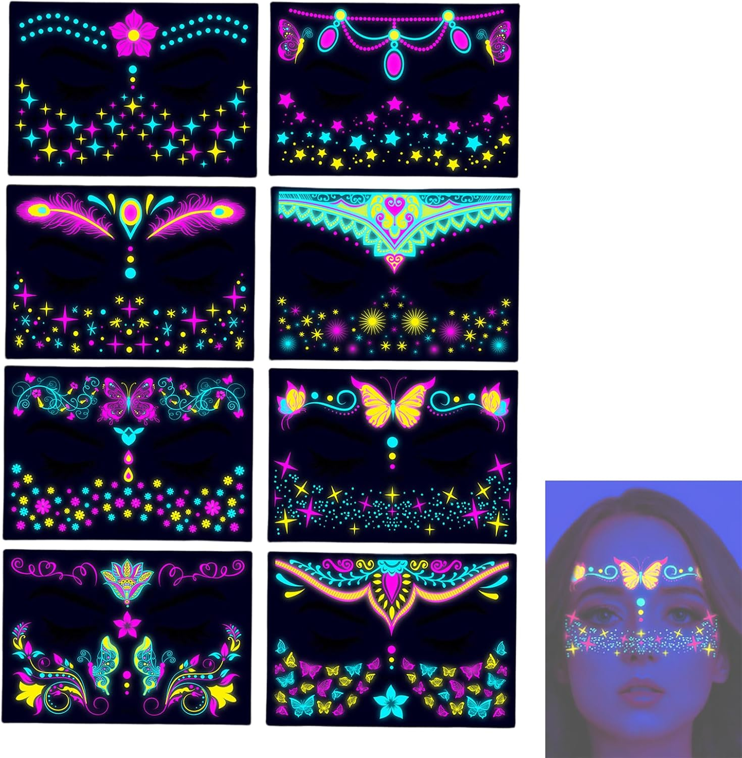 Treayes Glow in the Dark Temporary Tattoos, 8 Pcs Fake Tattoos Stickers, Fake Face Tattoos Stickers for Glow Party Adults Girls Women Festival Bar Party Supplies, Floral Body Paint Flowers Butterfly image number 2
