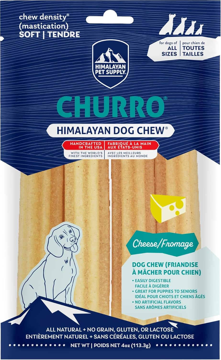 Yaky Churro Himalaya Cheese Treats | Lactose Free | Gluten Free | Grain Free | USA Made | for All Breeds | 4 Churros per Pouch | Original Cheese Flavor