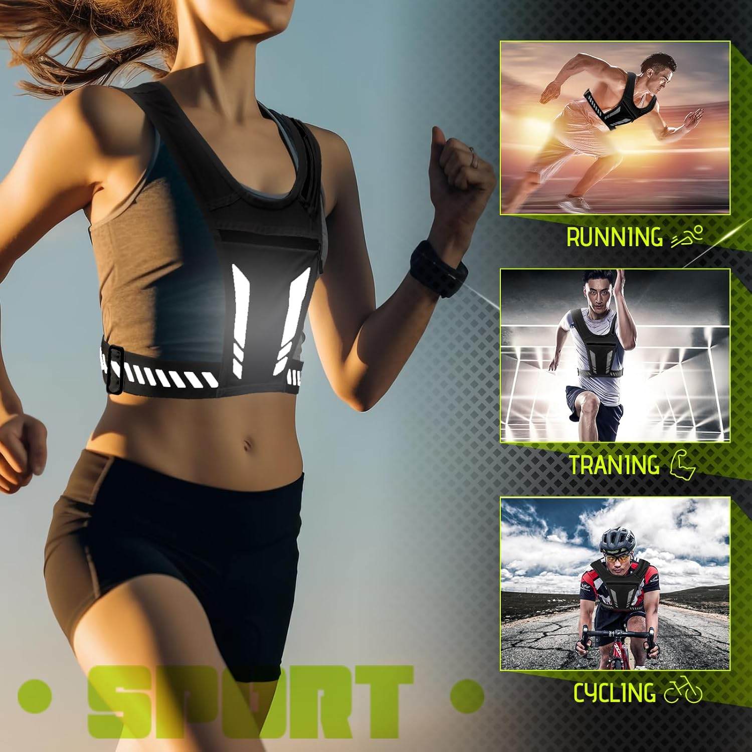 Wocharm Reflective Vest Chest Phone Holder, Adjustable Hydration Training Workout Gear for Nighttime Running Biking Motorcycle Dog Walking