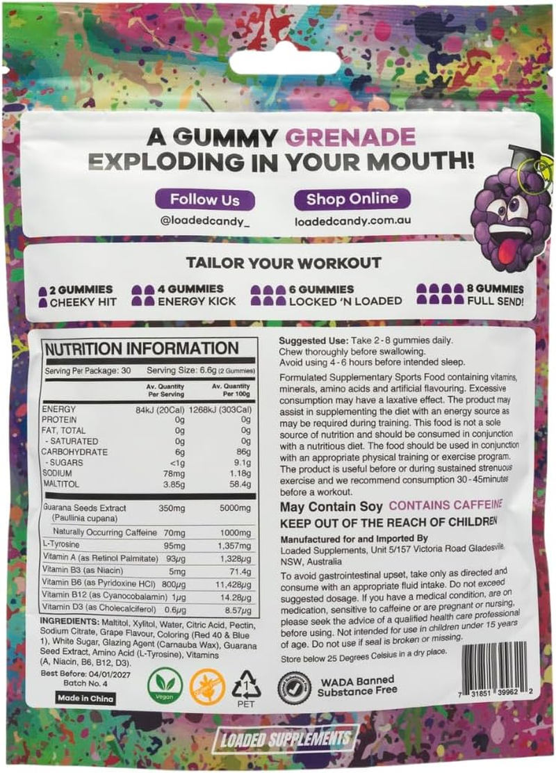 Loaded Candy Grenade Grape Pre-Workout Gummy, Low Calories & Sugar Free, Zero Crash, Zero Bloating & Natural Caffeine, Gluten Free, Vegan, Halal, Kosher image number 5