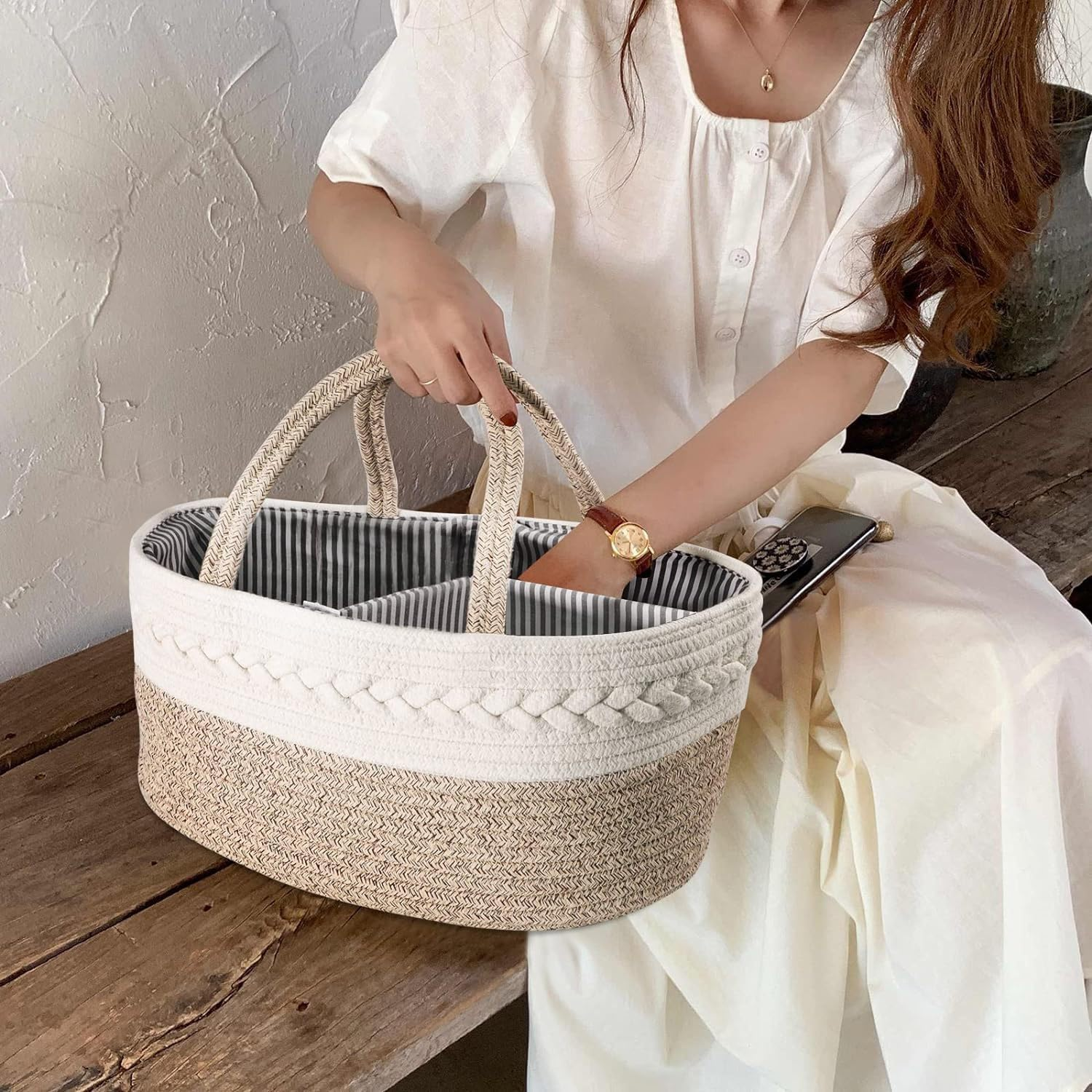 Large Baby Diaper Caddy Organizer for Girl Boy Rope Nursery Storage Bin Basket Portable Holder Tote Bag for Changing Table Car Travel Baby Shower Gifts Newborn (White and Beige) image number 3