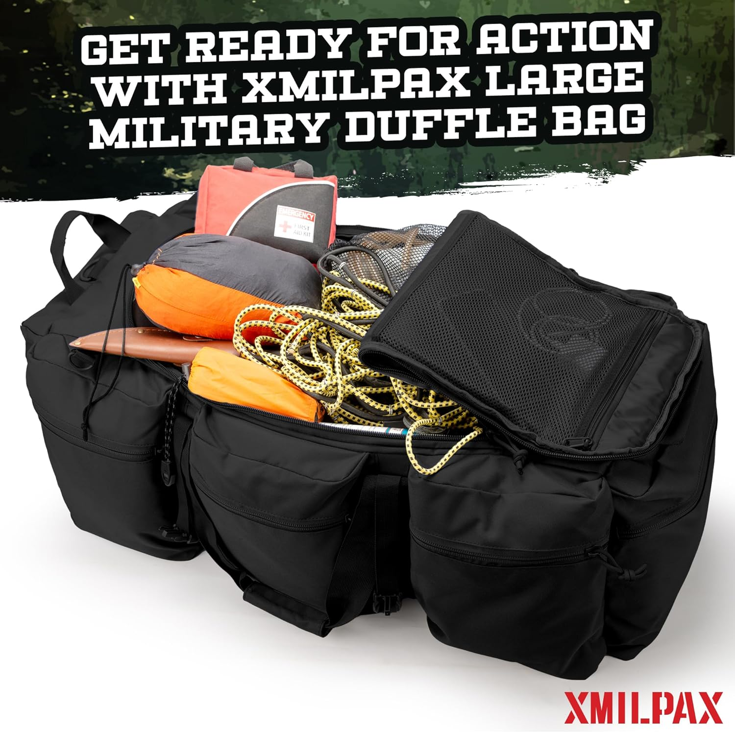 XMILPAX 100L Large Military Duffle Bag Deployment Duffel Bag Sports Equipment Travel Luggage with Detachable Backpack Straps, Black - Black image number 3