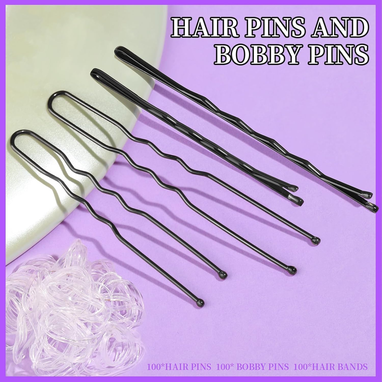 300Pcs Bobby Pins U Shaped Hair Pins Kit, 100 U Shaped Hair Pin for Women 2Inch 2.36Inch 100 Bobby Pins 2Inch, 2.75Inch and 100 Hairbands (Black) - Black image number 4
