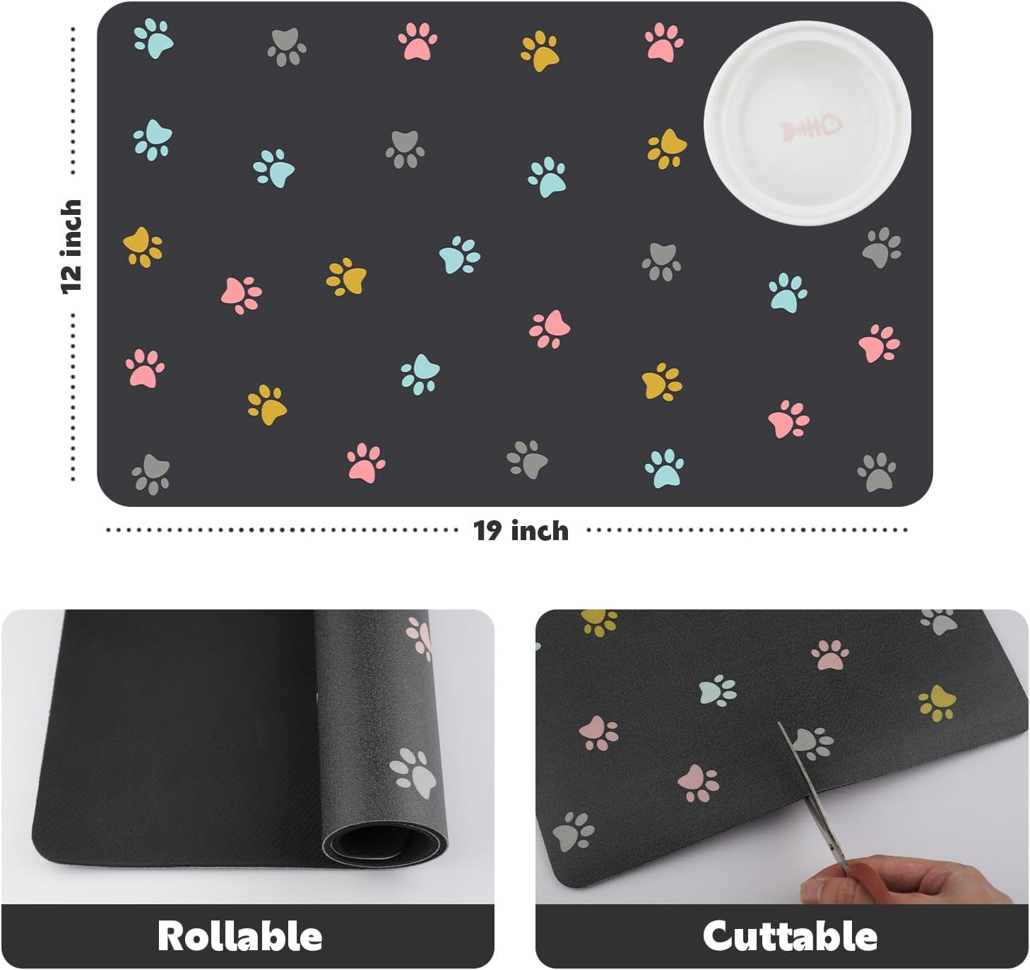 Cat Food Mat Absorbent Dog Mat for Food and Water Non Slip Quick Dry Dog Bowl Mats for Floors 19" X 12" Paw Dark Gray - Paw Light Gray image number 2