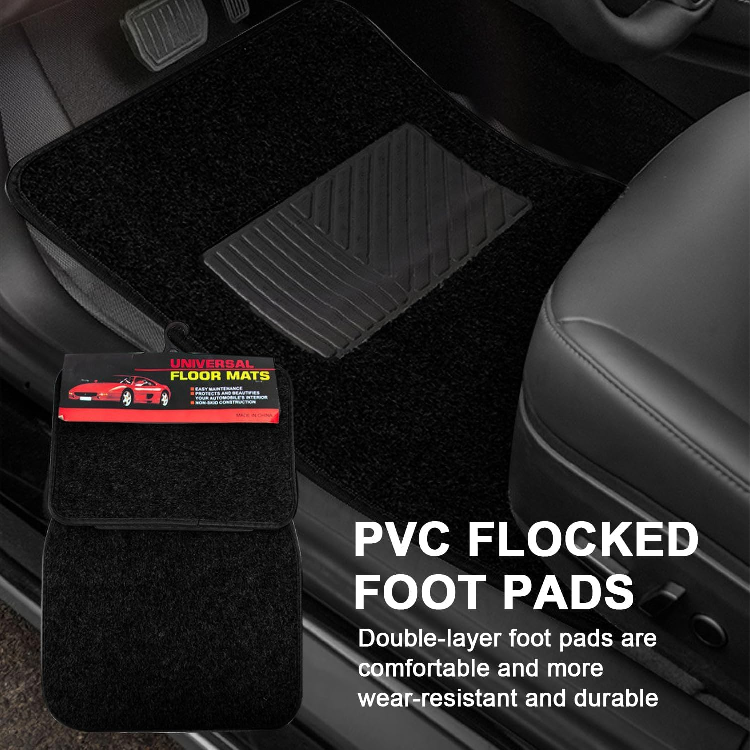 4 Pcs All Weather Carpet Vehicle Floor Mats, Universal Fit Heavy-Duty Carpet Floor Mats Cars, Black Premium Quality Carpe T Vehicle Floor Mats plus Vinyl Heel Pad for Cars, SUV (Black) image number 1