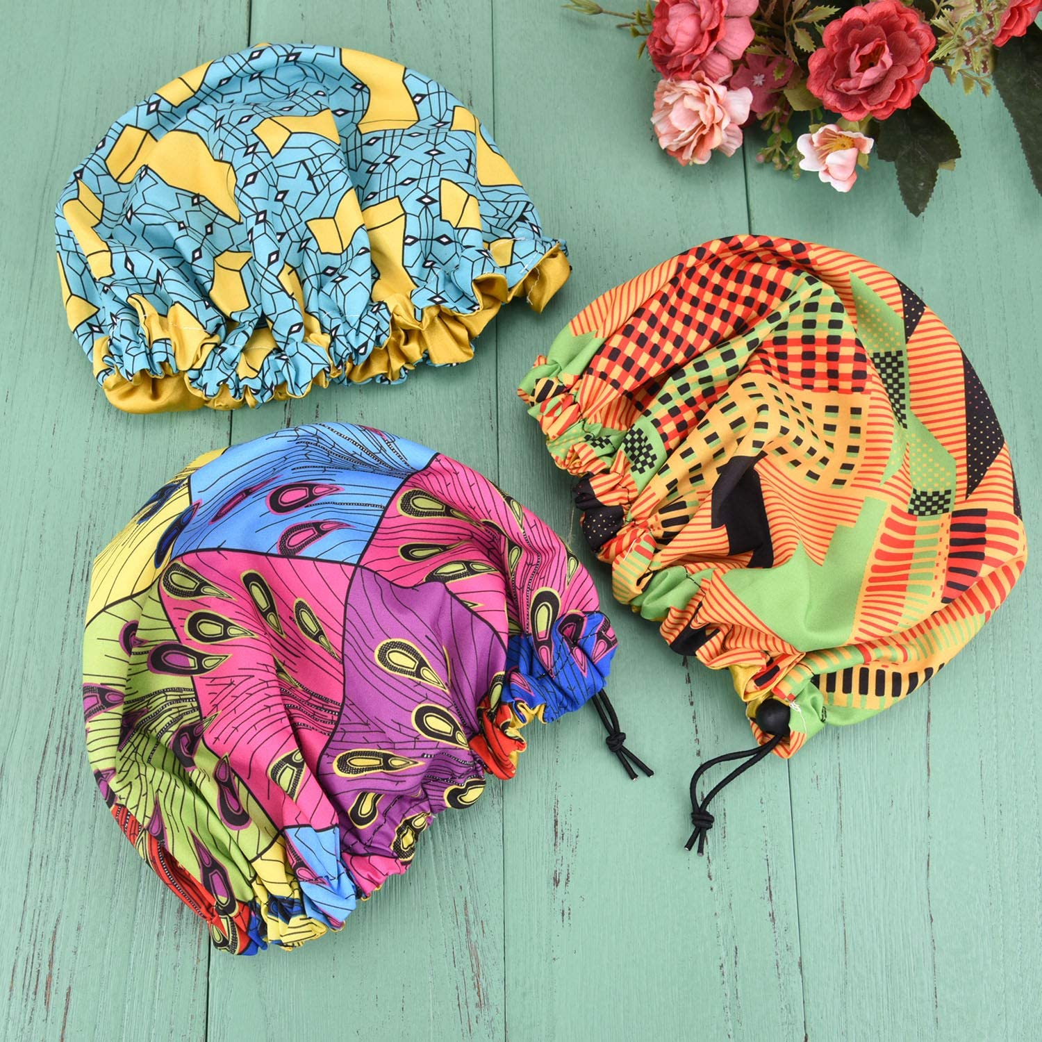 3 Pieces Kids Satin Bonnet Adjustable Sleeping Cap Soft Silk Flower Night Hats for Natural Hair Teens Toddler Child Baby Reversible Double image number 3