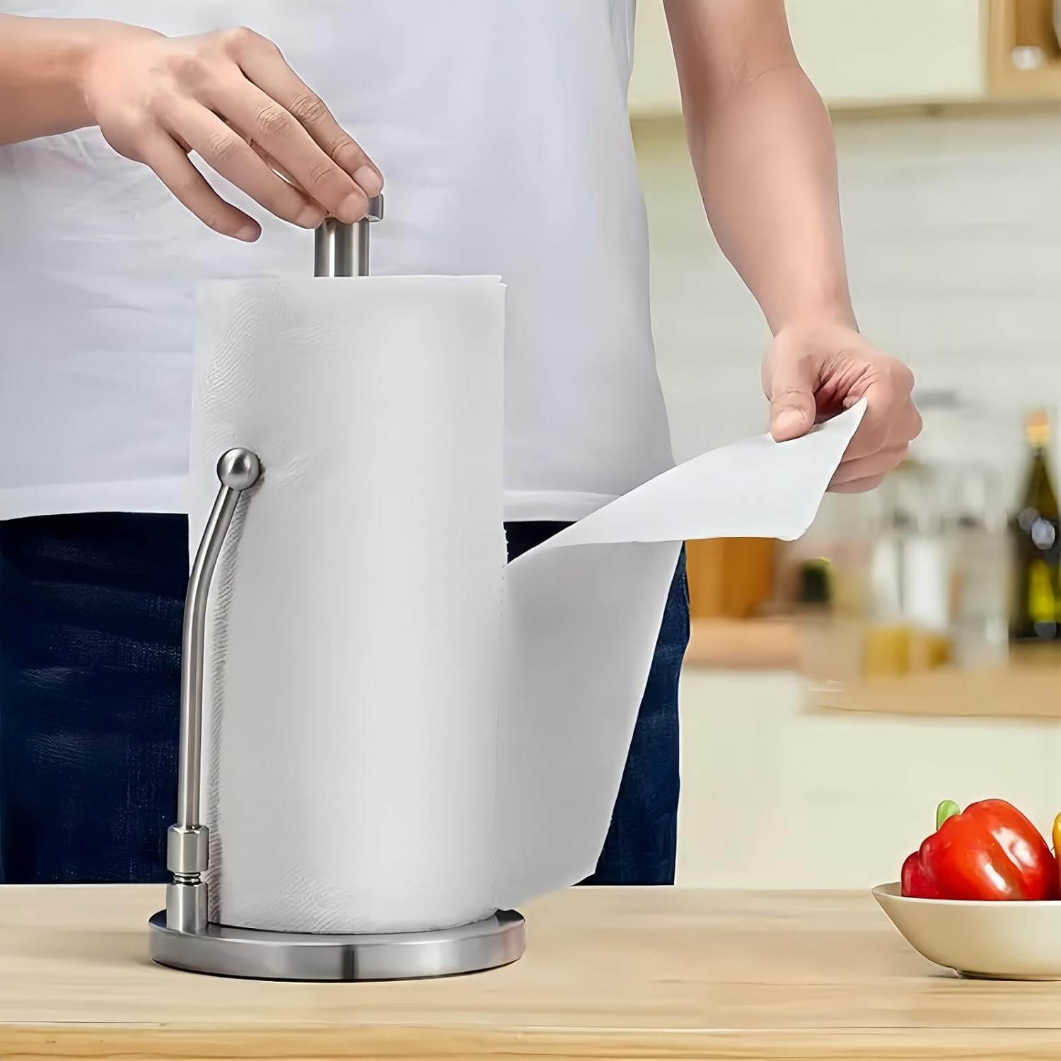 Paper Towel Holder, Non Slip Paper Towel Dispenser Standing Weighted Base,Spring Arm for Easy Tear, Stainless Steel Paper Towel Holder for Home Kitchen Countertop Tabletop image number 2