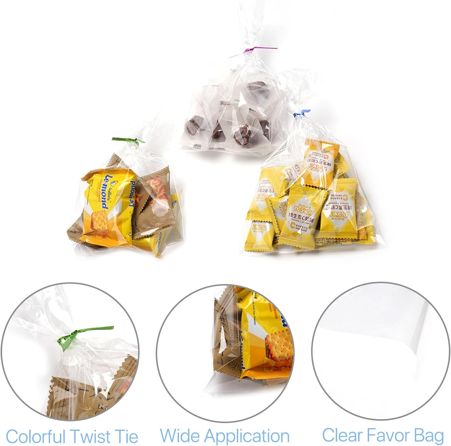 VANANA 100 PCS Cellophane Bags with Colorful Twist Ties, Clear Cookies Bags Gift Goodie Treat Biscuit Bakery Candy Chocolate Gift Food Soap Party Favor Supplies (13X20Cm/5.1X7.9In) image number 5