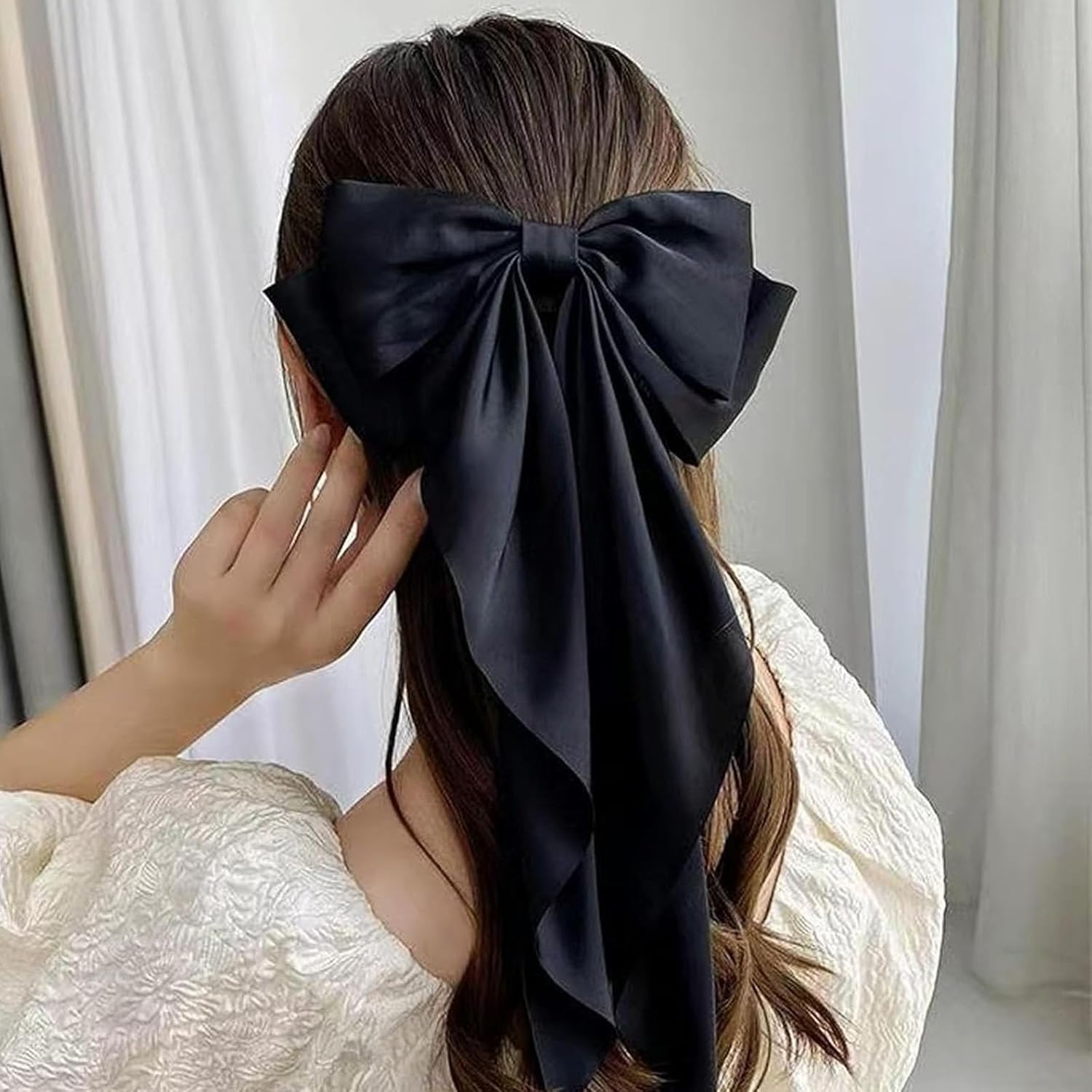 Bow Hair Clips Solid Color Bow French Automatic Hair Clip with Long Silky Satin Tail Large Bows for Simple Women Girls Barrettes Hair Fastener Accessorie (White-Dark Blue, 2) - Dark Green-Dark Blue image number 3