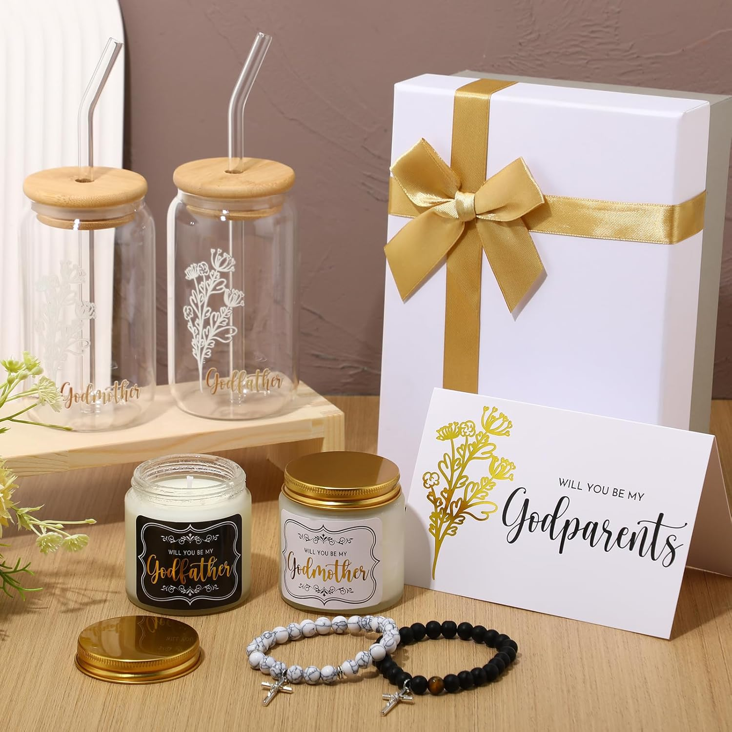 9 Pcs Godparents Proposal Gift Set Will You Be My Godmother Godfather Glass Cup Scented Candle Cross Bracelet Cards Box from Godchild Baptism Padrino Madrina Gifts(Classic Style) image number 5
