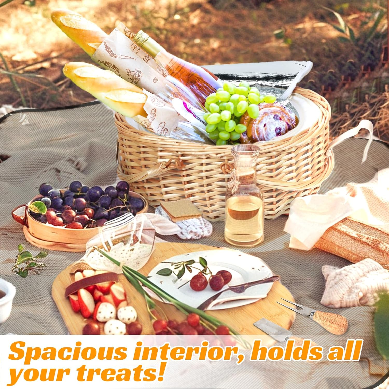 Hap Tim Dual Wicker Picnic Basket Set with Blanket for 2 - Unique Gifts Ideas for Couple, Engagement, Wedding, Bridal Shower, Family, Christmas - White Elephant Gifts for Adults（Au2408A-2） image number 2